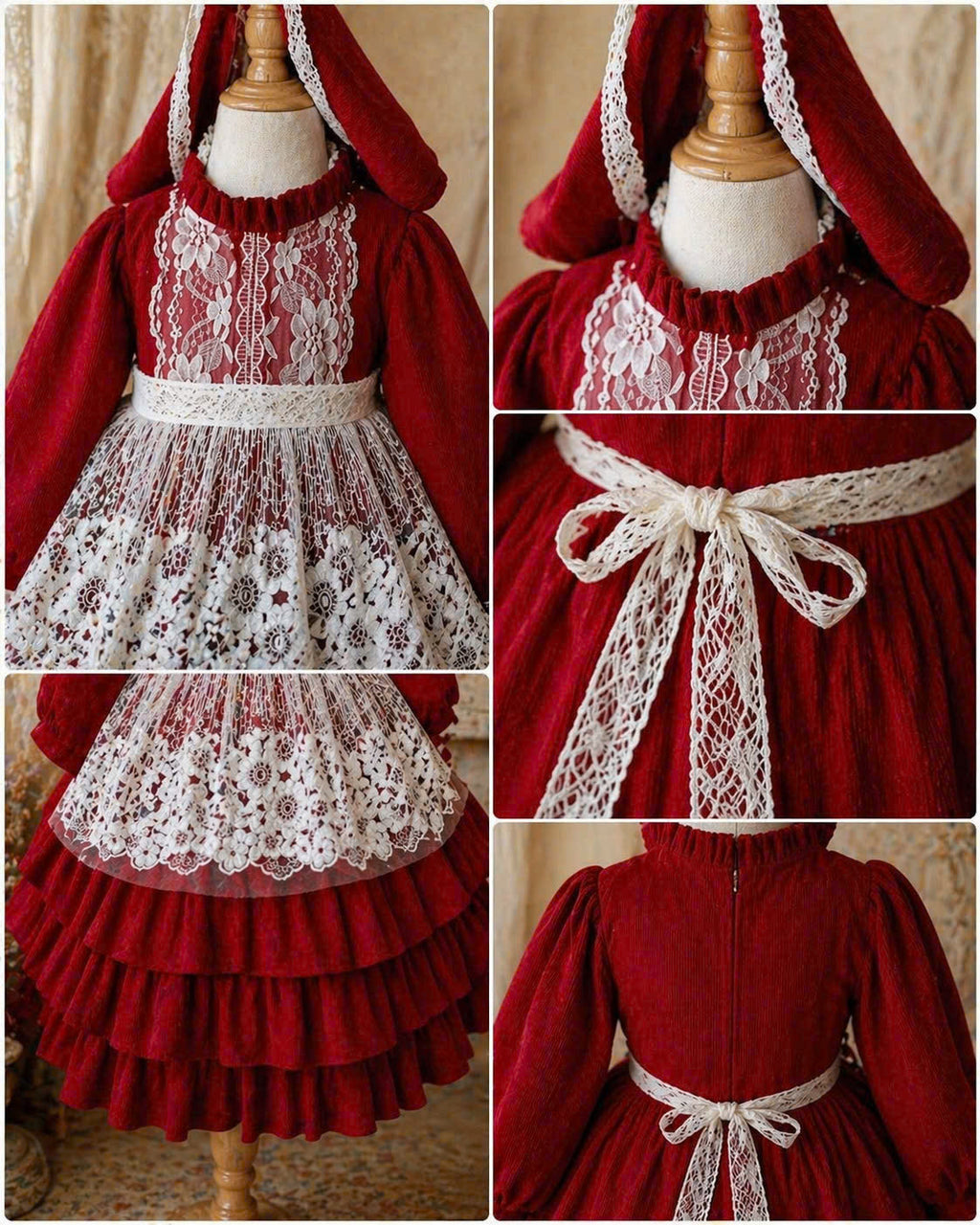 Red Riding Hood Inspired Dress – Vintage Lace Fairytale Outfit (1–6 Years)