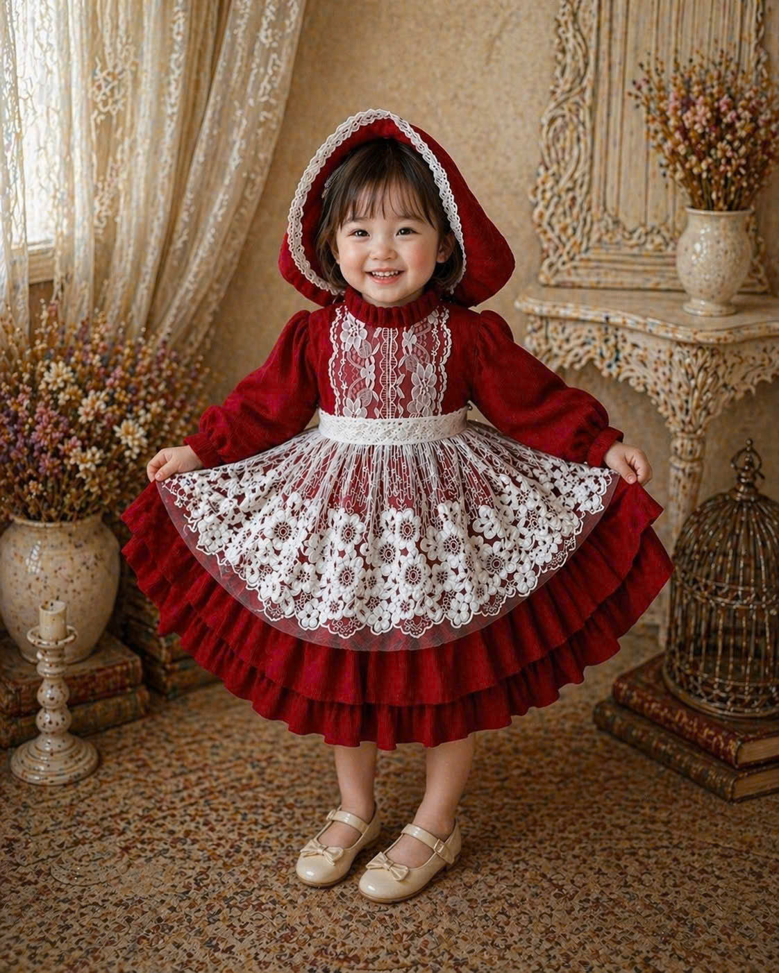 Red Riding Hood Inspired Dress – Vintage Lace Fairytale Outfit (1–6 Years)