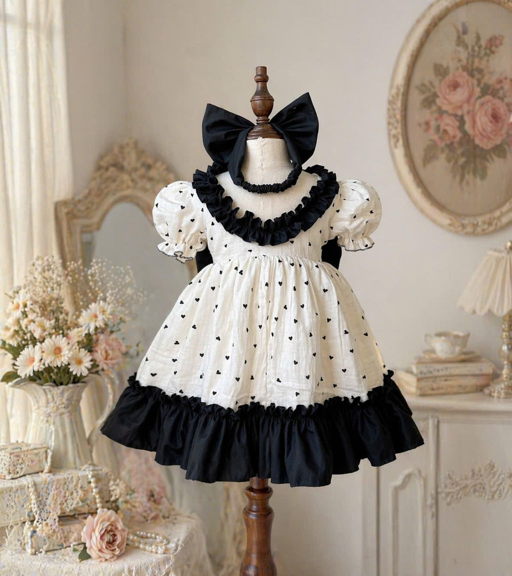 Ivory Noir Bow Dress NB-2Y | Heart Print Muslin Baby Dress | Photoshoot & Party Outfit