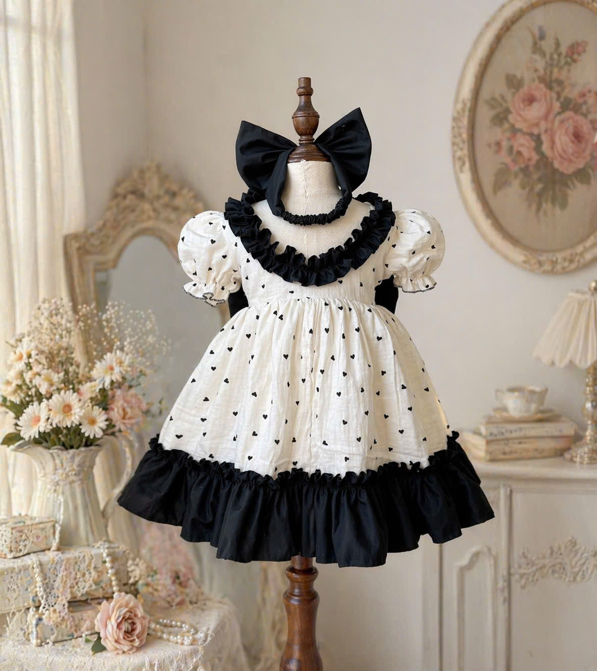 Ivory Noir Bow Dress NB-2Y | Heart Print Muslin Baby Dress | Photoshoot & Party Outfit