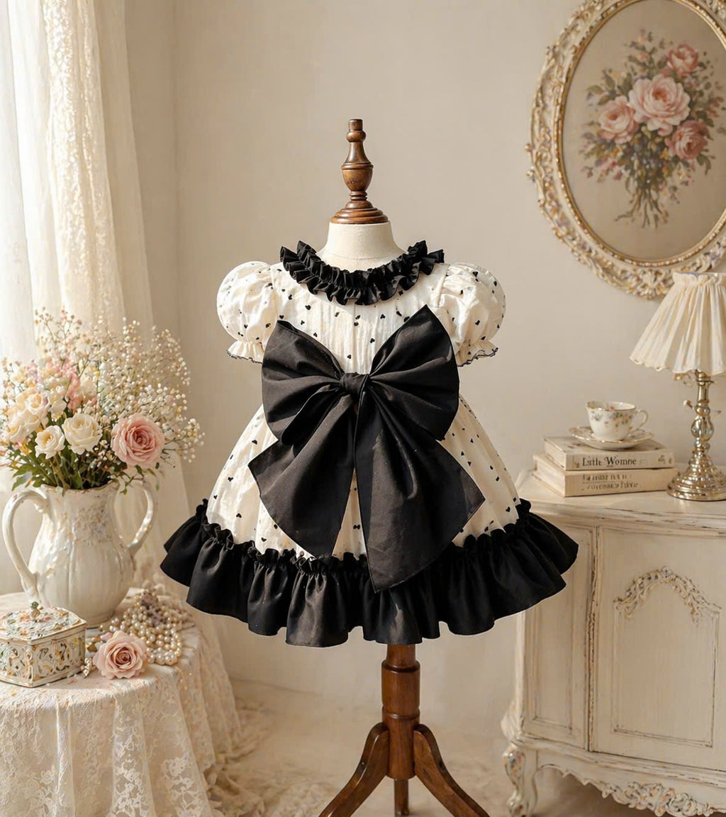 Ivory Noir Bow Dress NB-2Y | Heart Print Muslin Baby Dress | Photoshoot & Party Outfit