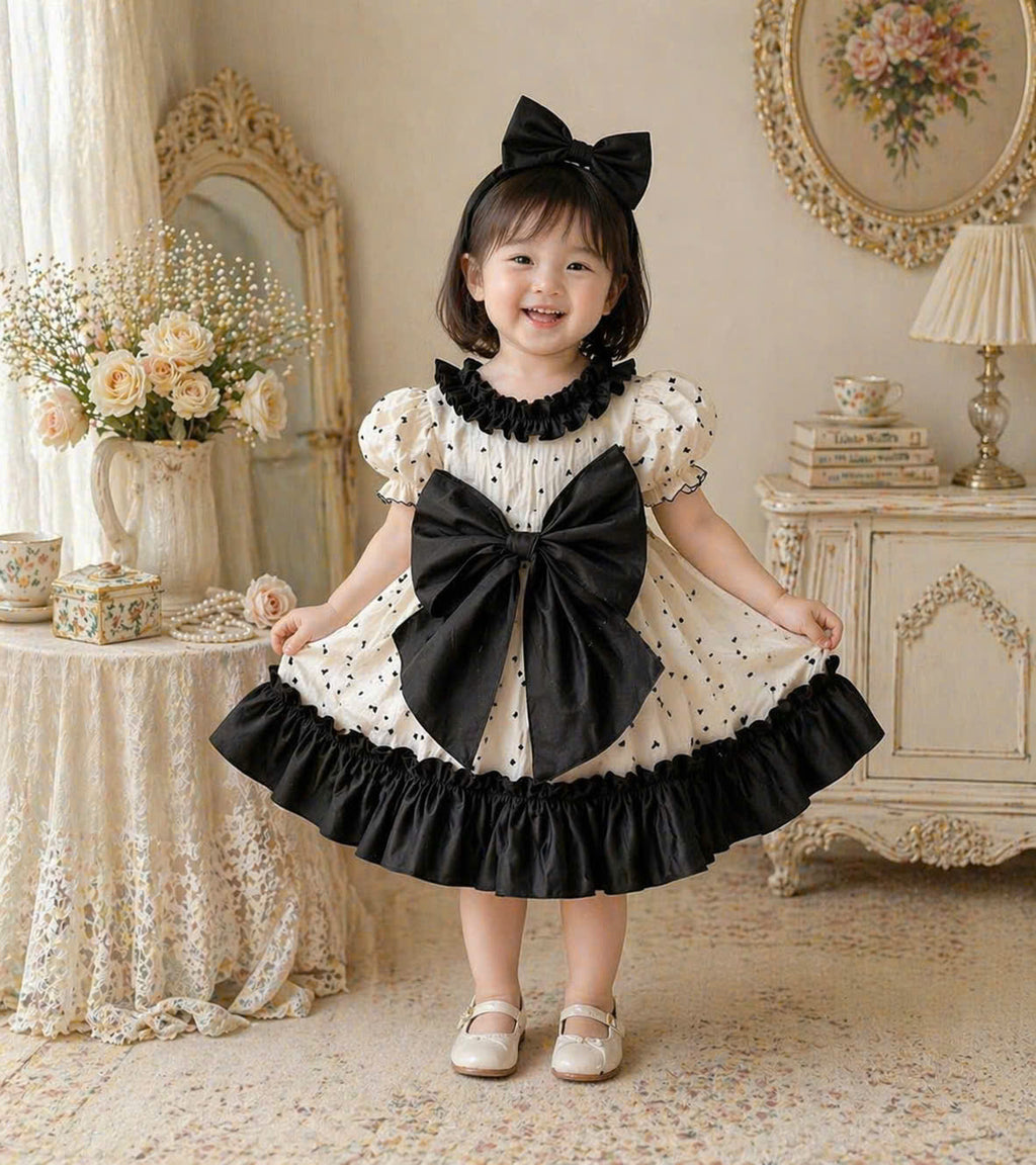 Ivory Noir Bow Dress NB-2Y | Heart Print Muslin Baby Dress | Photoshoot & Party Outfit