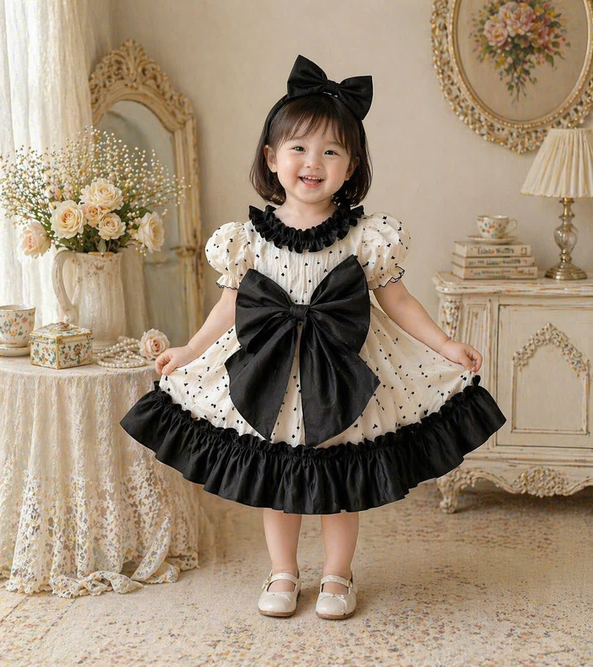 Ivory Noir Bow Dress NB-2Y | Heart Print Muslin Baby Dress | Photoshoot & Party Outfit