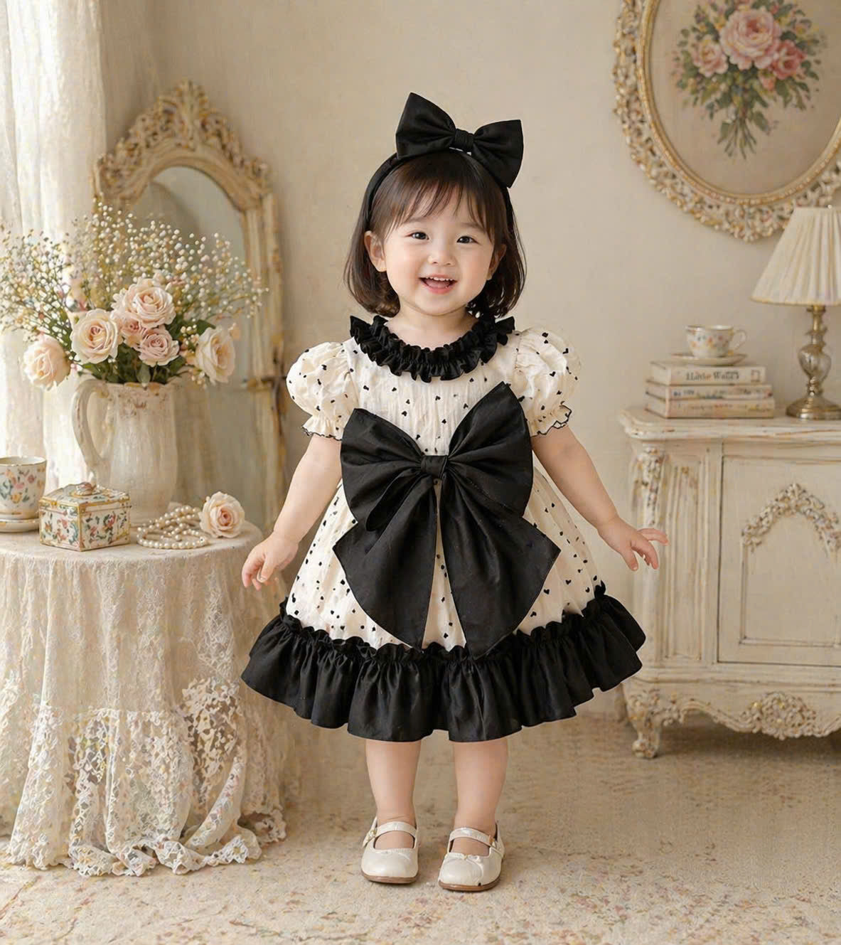 Ivory Noir Bow Dress NB-2Y | Heart Print Muslin Baby Dress | Photoshoot & Party Outfit