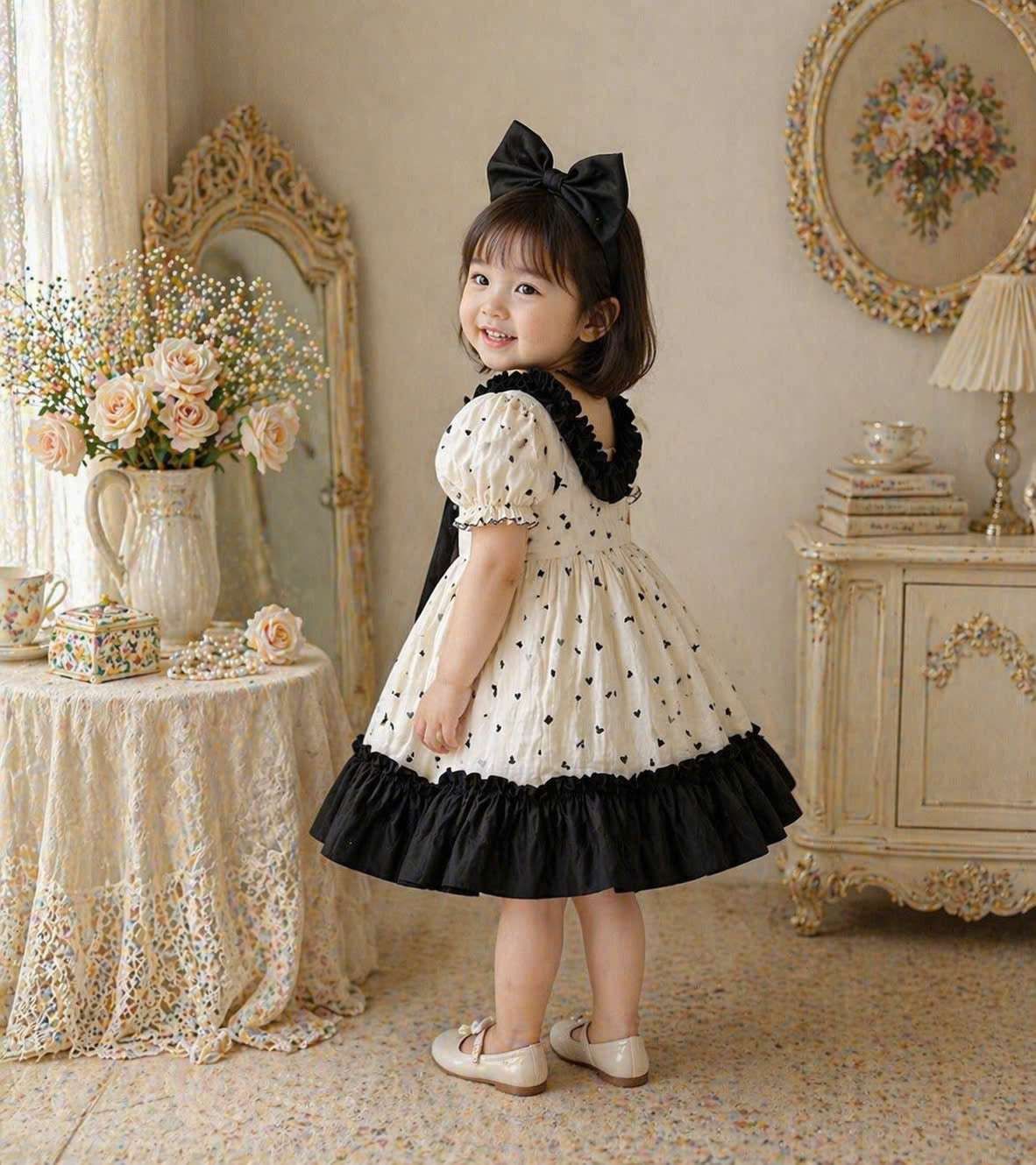 Ivory Noir Bow Dress NB-2Y | Heart Print Muslin Baby Dress | Photoshoot & Party Outfit