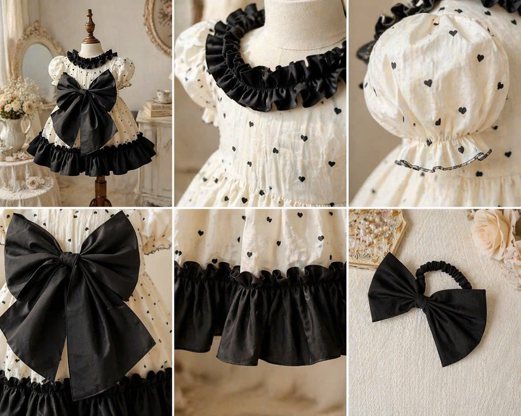 Ivory Noir Bow Dress NB-2Y | Heart Print Muslin Baby Dress | Photoshoot & Party Outfit