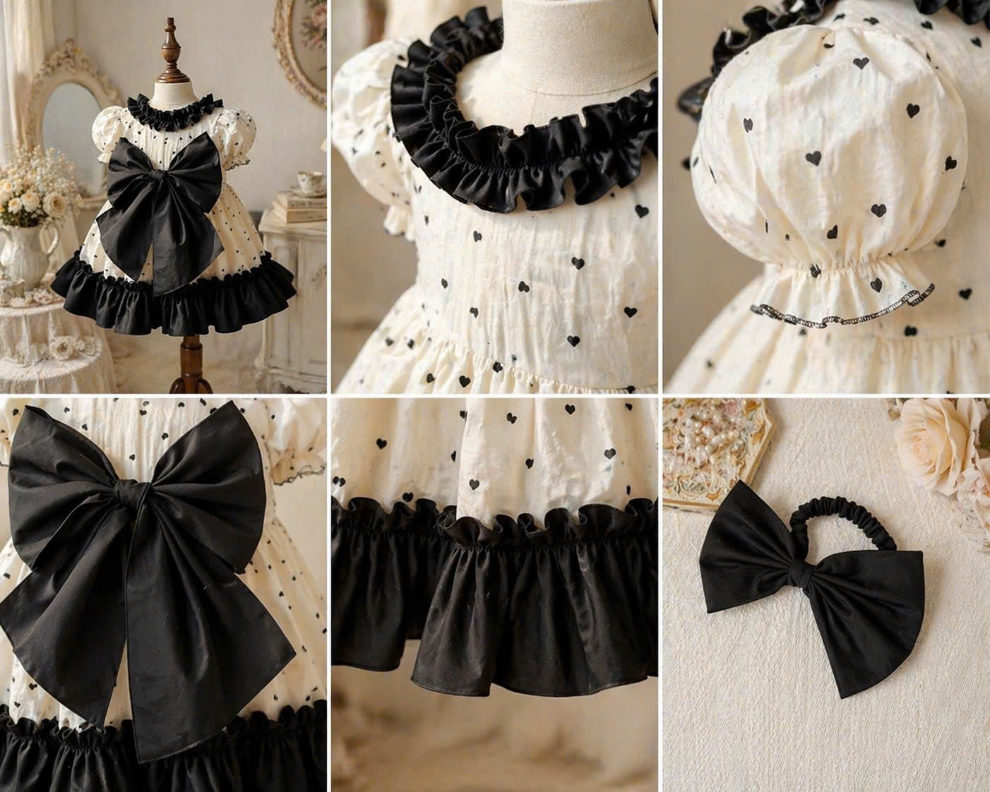 Ivory Noir Bow Dress NB-2Y | Heart Print Muslin Baby Dress | Photoshoot & Party Outfit
