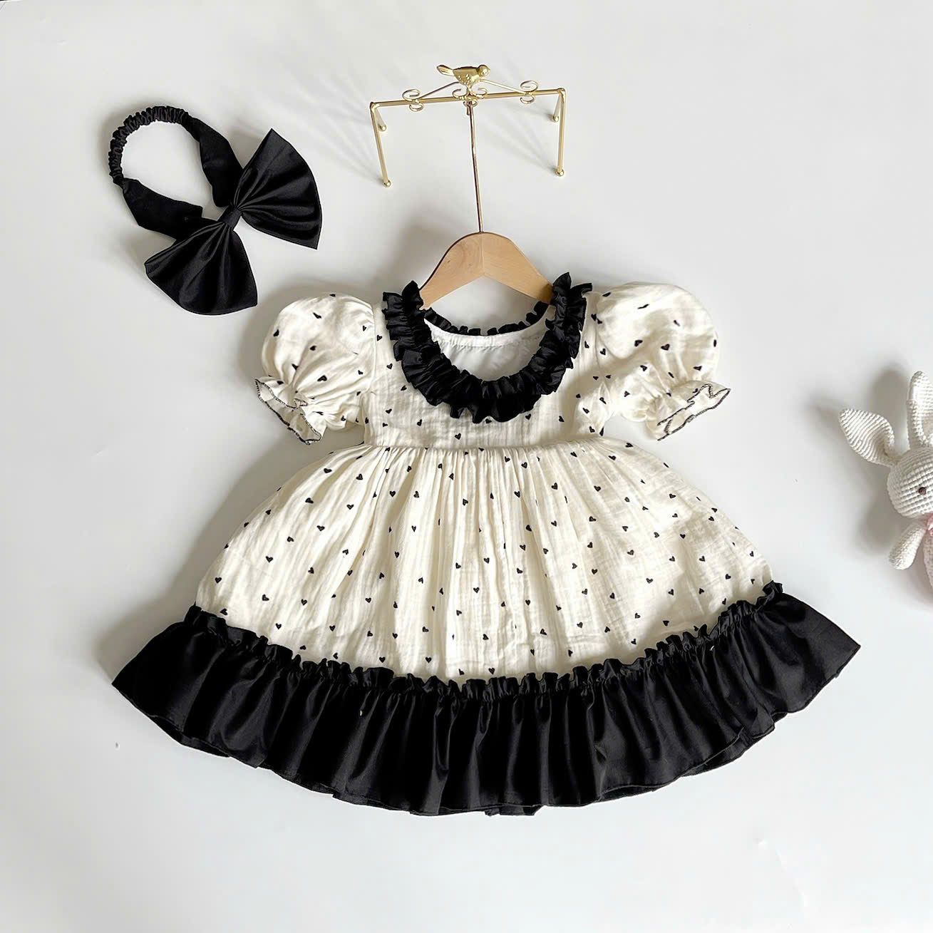 Ivory Noir Bow Dress NB-2Y | Heart Print Muslin Baby Dress | Photoshoot & Party Outfit