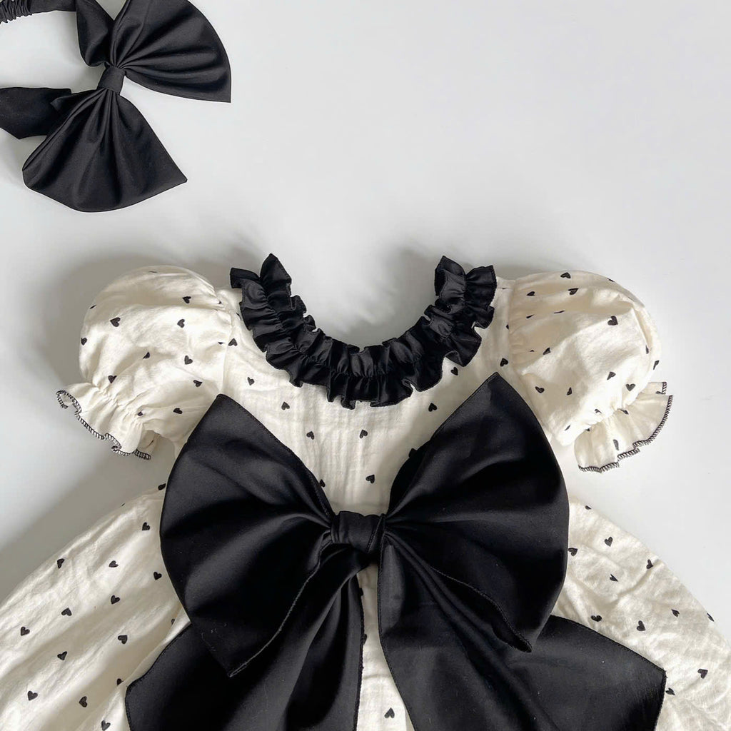 Ivory Noir Bow Dress NB-2Y | Heart Print Muslin Baby Dress | Photoshoot & Party Outfit