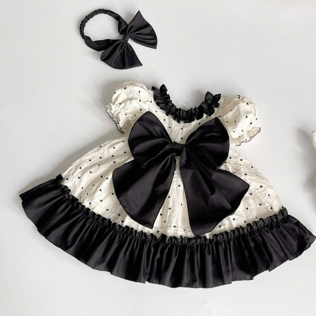 Ivory Noir Bow Dress NB-2Y | Heart Print Muslin Baby Dress | Photoshoot & Party Outfit