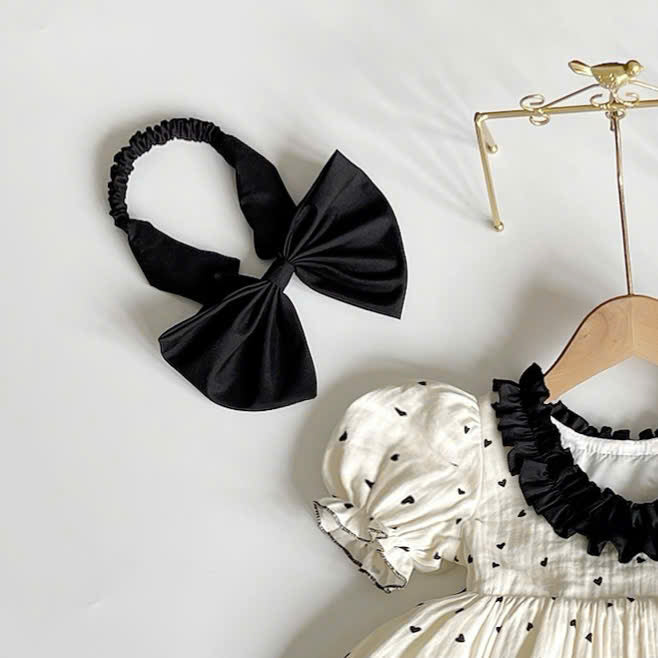 Ivory Noir Bow Dress NB-2Y | Heart Print Muslin Baby Dress | Photoshoot & Party Outfit