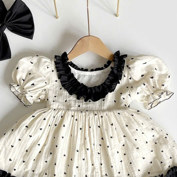 Ivory Noir Bow Dress NB-2Y | Heart Print Muslin Baby Dress | Photoshoot & Party Outfit