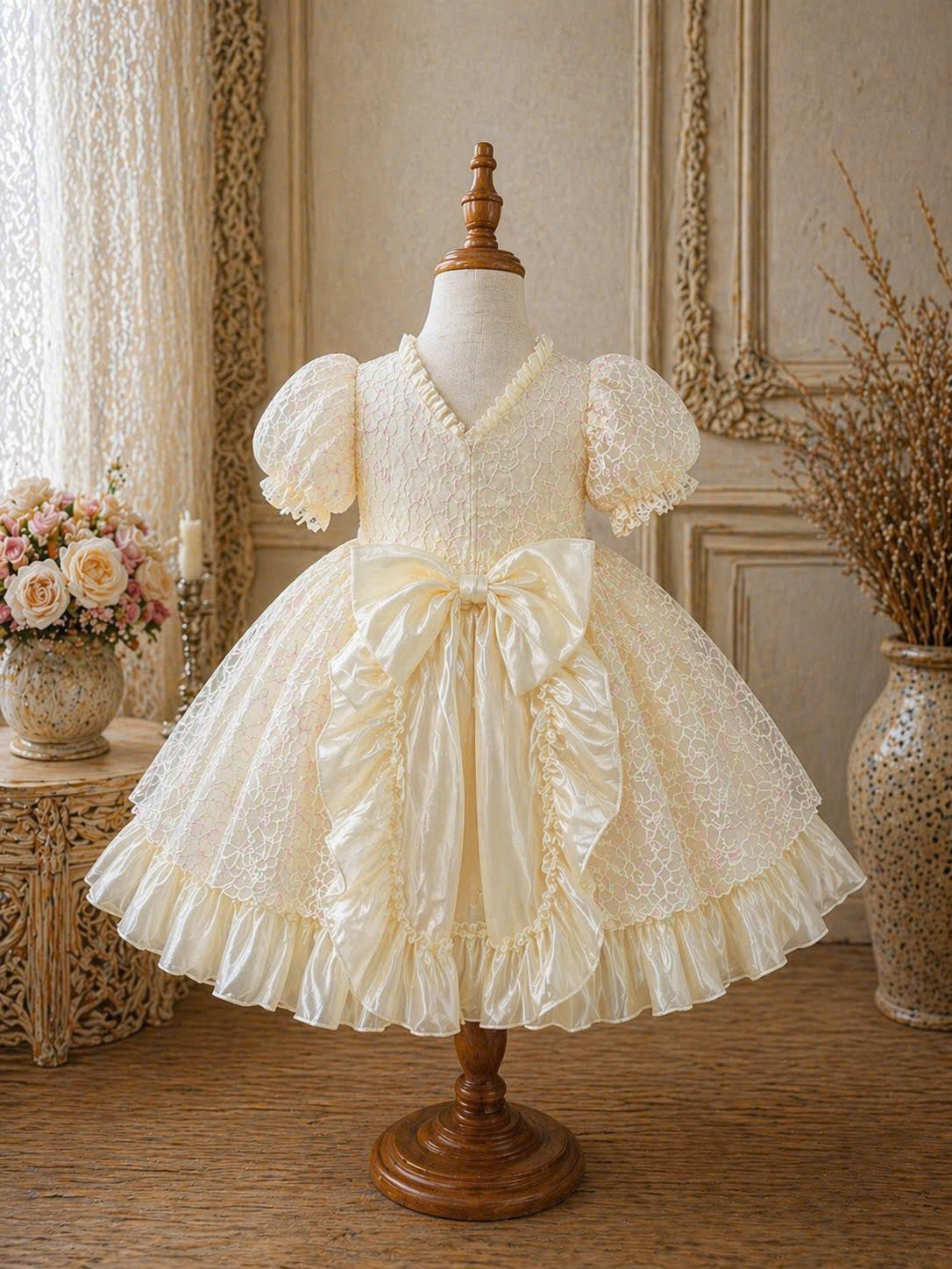 Creamy Petal Lace Dress 1–6Y | Floral Embroidered Princess Dress with Train | Birthday & Flower Girl Outfit