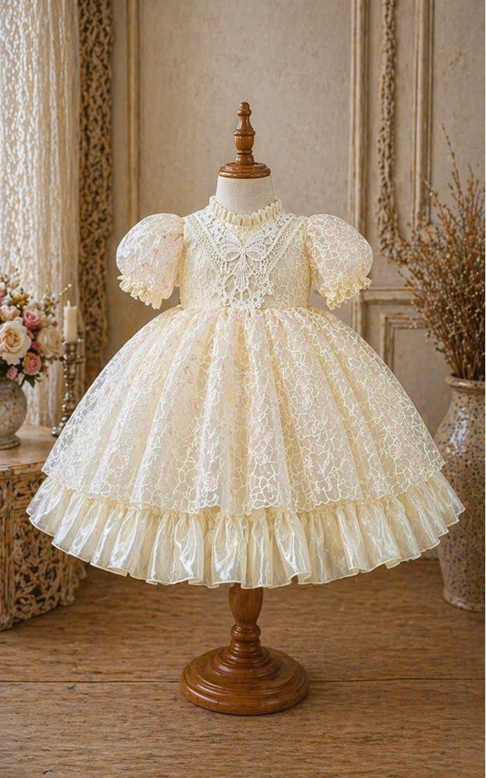Creamy Petal Lace Dress 1–6Y | Floral Embroidered Princess Dress with Train | Birthday & Flower Girl Outfit