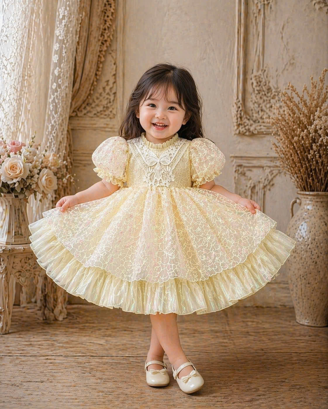 Creamy Petal Lace Dress 1–6Y | Floral Embroidered Princess Dress with Train | Birthday & Flower Girl Outfit