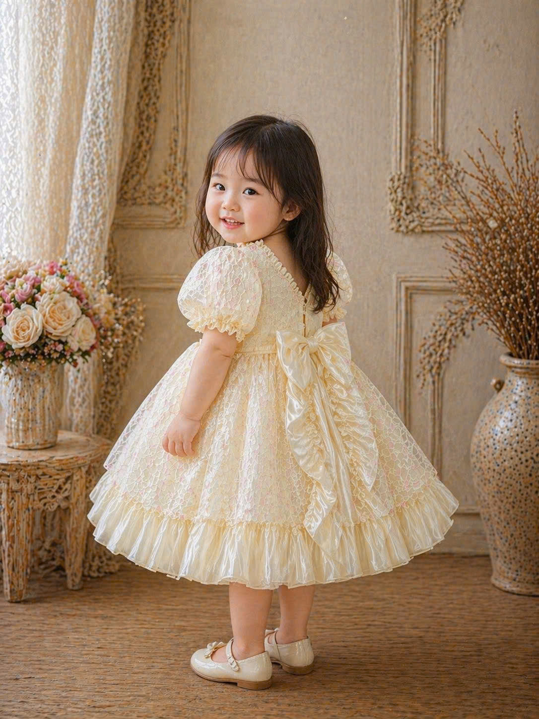 Creamy Petal Lace Dress 1–6Y | Floral Embroidered Princess Dress with Train | Birthday & Flower Girl Outfit