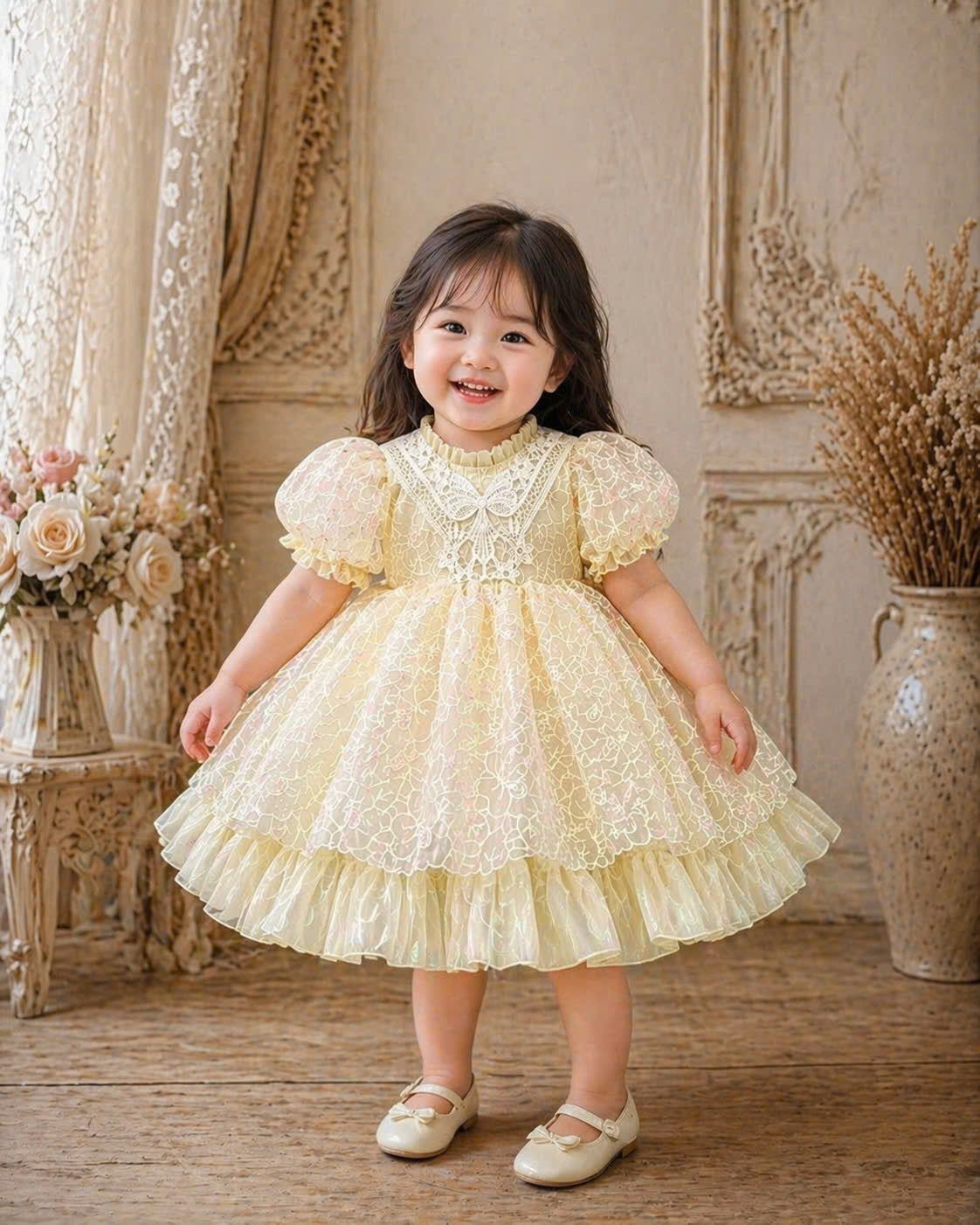Creamy Petal Lace Dress 1–6Y | Floral Embroidered Princess Dress with Train | Birthday & Flower Girl Outfit