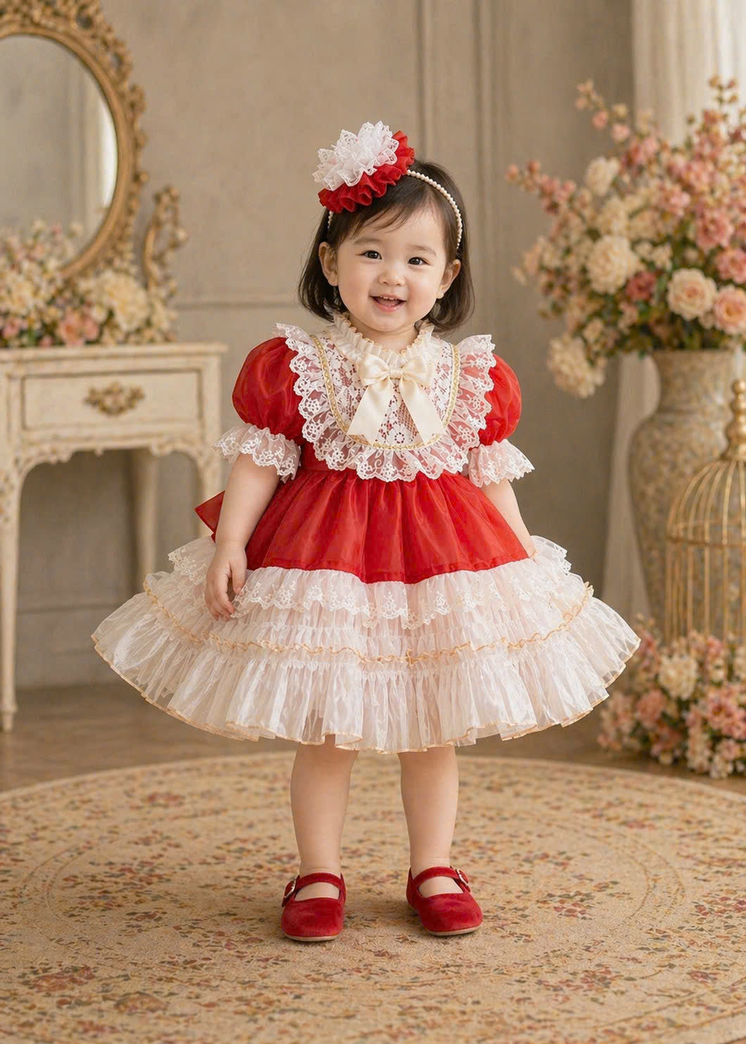 Scarlet Charm Lace Dress 1–6Y | Red Satin & Lace Princess Dress | Birthday & Festive Occasion Outfit