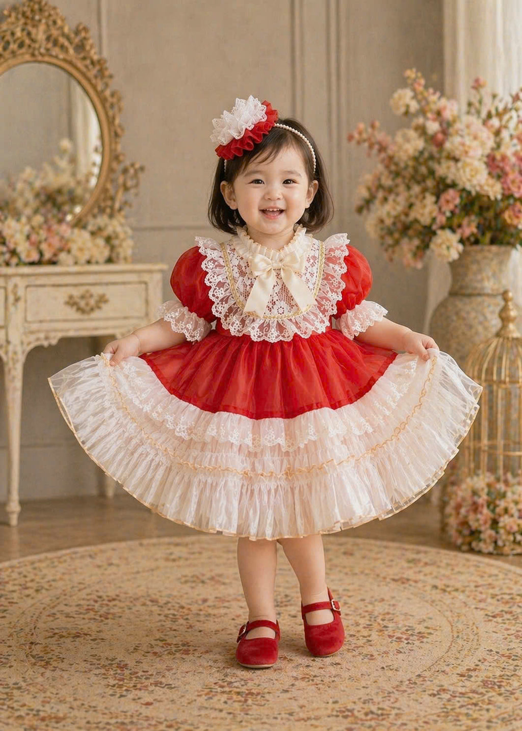 Scarlet Charm Lace Dress 1–6Y | Red Satin & Lace Princess Dress | Birthday & Festive Occasion Outfit