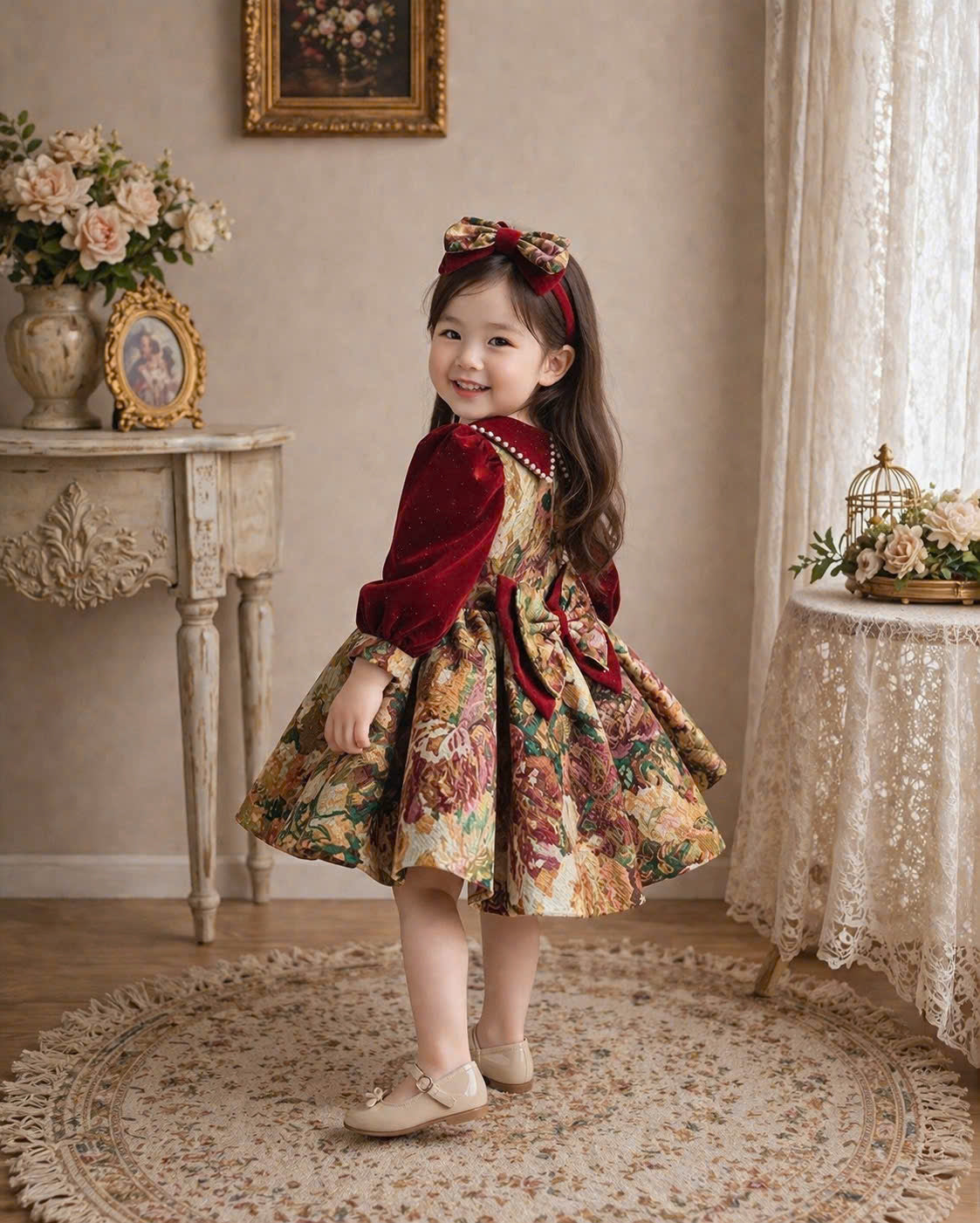 Vintage Rose Jacquard Dress 1–6Y | Velvet Bodice Princess Dress | Birthday & Special Occasion Outfit