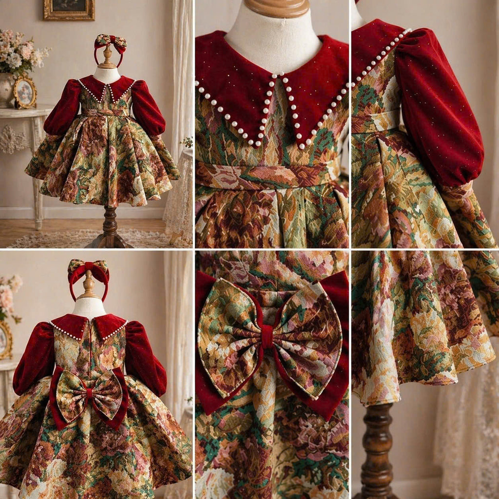 Vintage Rose Jacquard Dress 1–6Y | Velvet Bodice Princess Dress | Birthday & Special Occasion Outfit