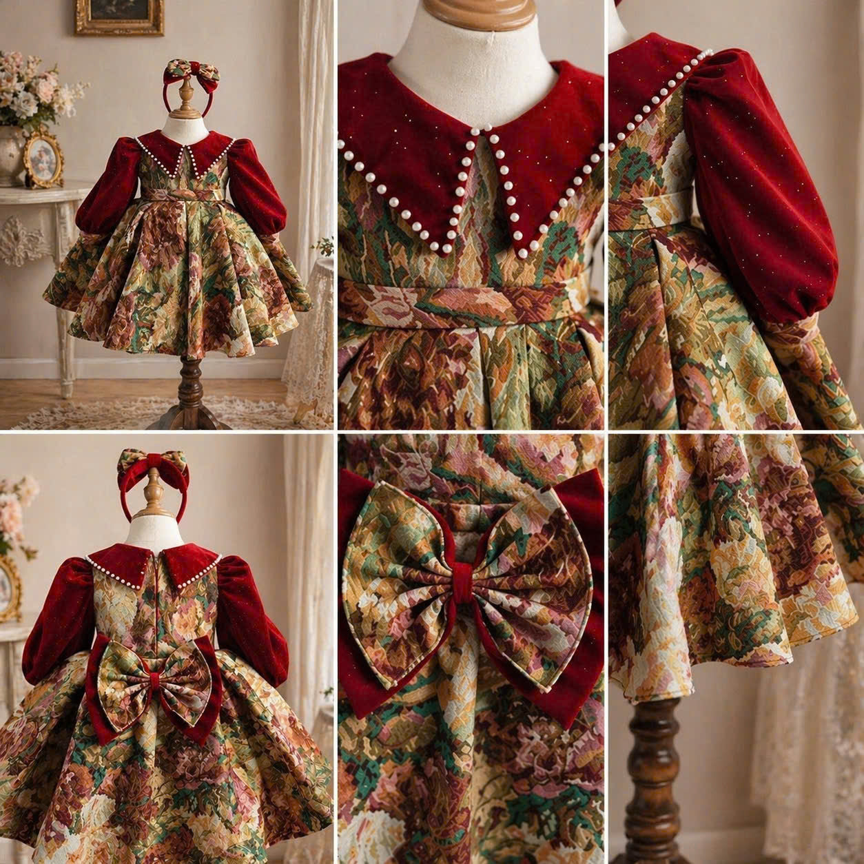 Vintage Rose Jacquard Dress 1–6Y | Velvet Bodice Princess Dress | Birthday & Special Occasion Outfit