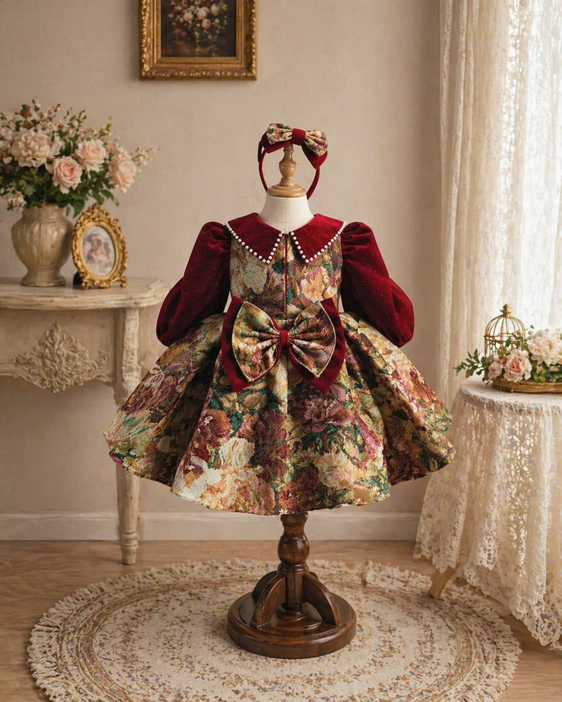 Vintage Rose Jacquard Dress 1–6Y | Velvet Bodice Princess Dress | Birthday & Special Occasion Outfit