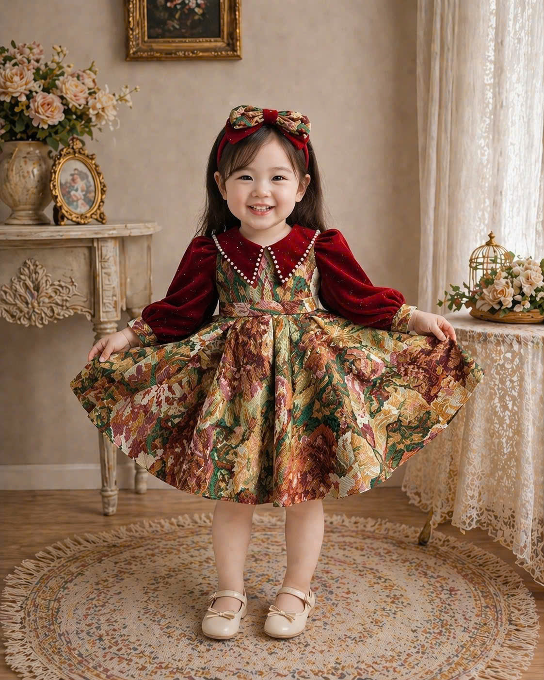 Vintage Rose Jacquard Dress 1–6Y | Velvet Bodice Princess Dress | Birthday & Special Occasion Outfit