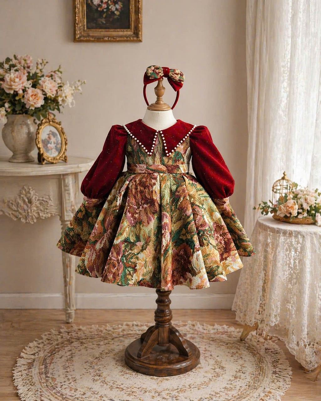 Vintage Rose Jacquard Dress 1–6Y | Velvet Bodice Princess Dress | Birthday & Special Occasion Outfit
