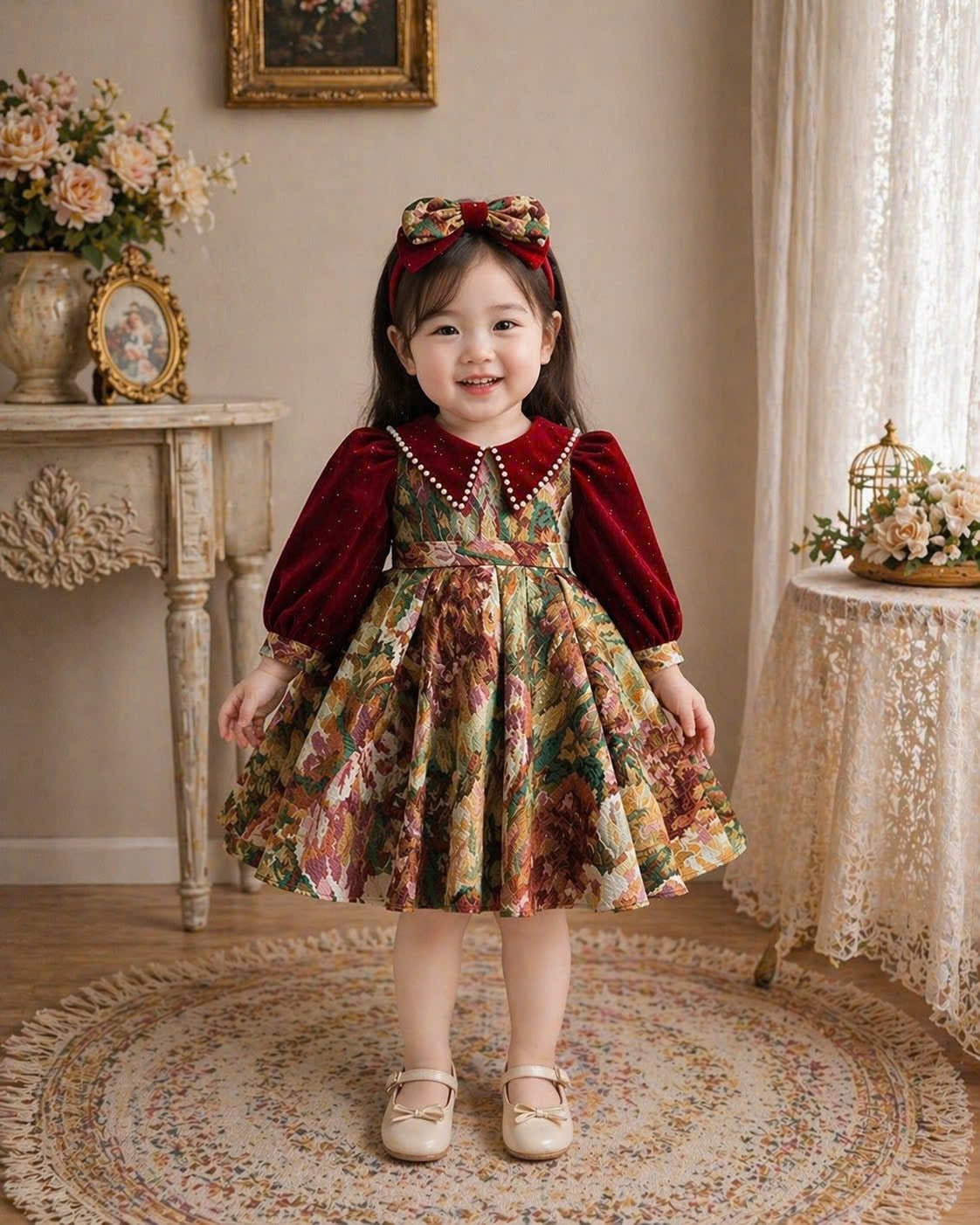 Vintage Rose Jacquard Dress 1–6Y | Velvet Bodice Princess Dress | Birthday & Special Occasion Outfit