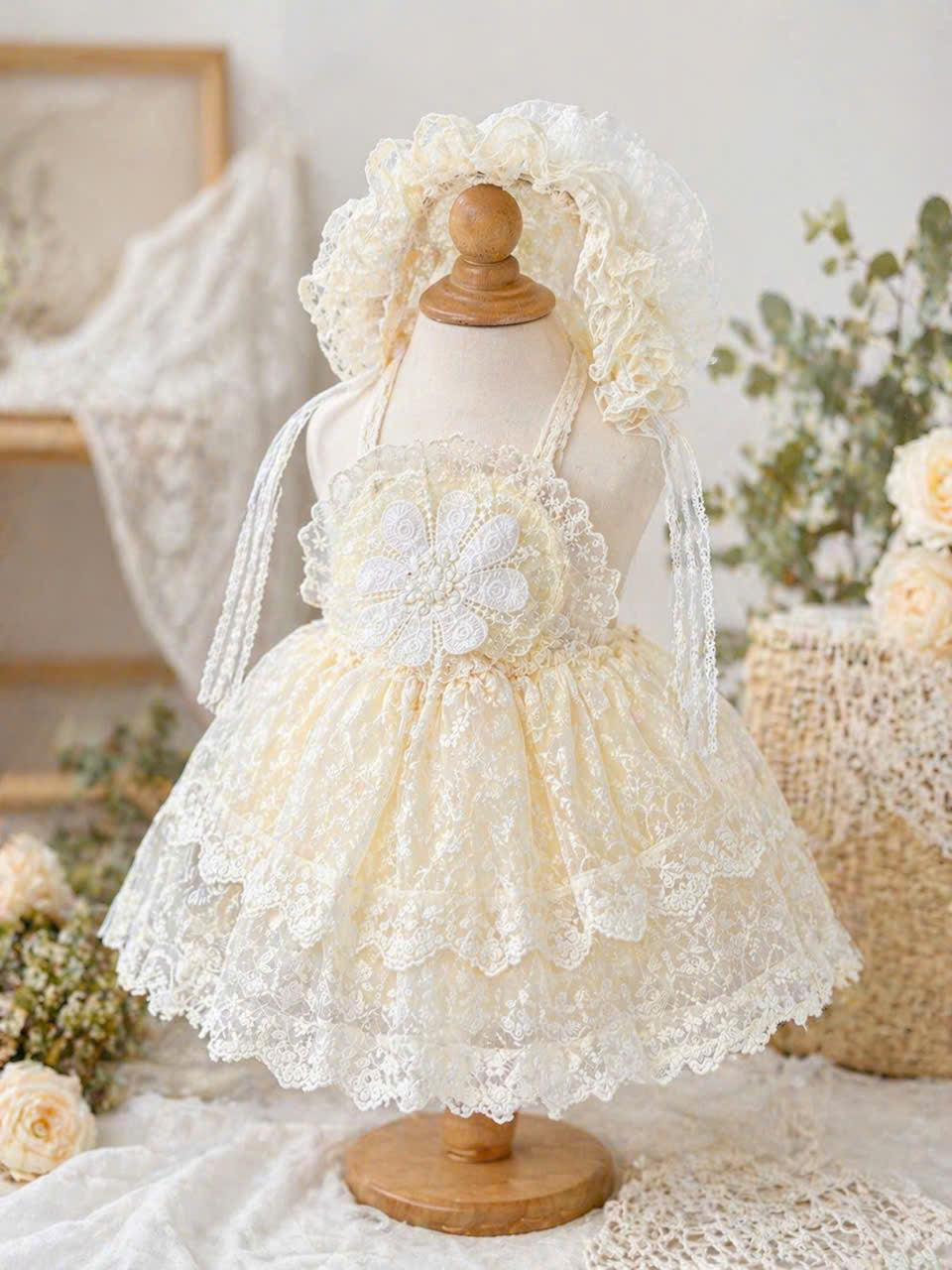 Ivory Dream Lace Romper 6M–3Y | Vintage Lace Baby Romper with Bonnet | Party & Photoshoot Outfit