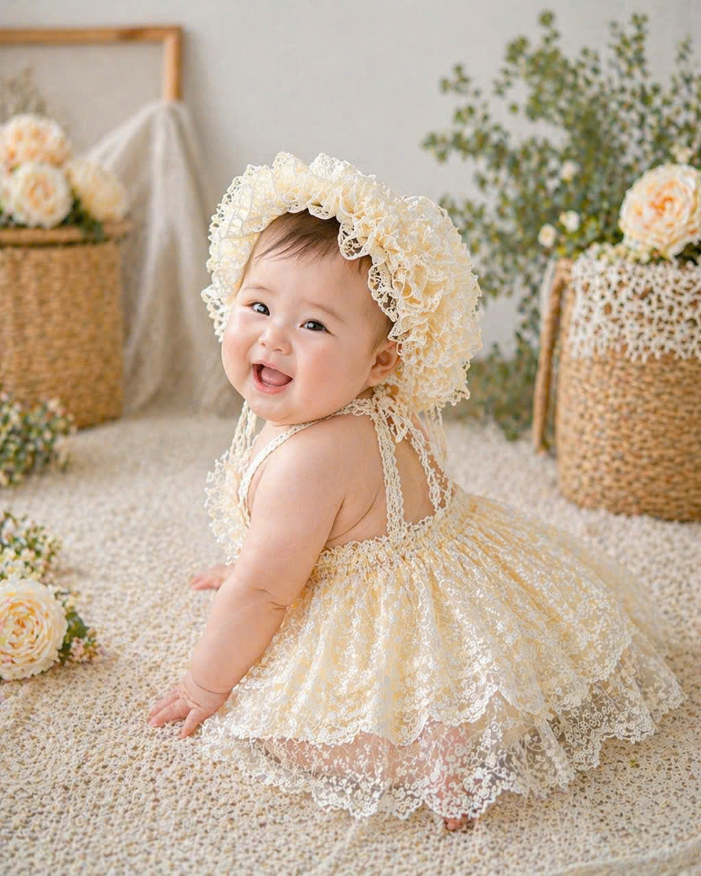 Ivory Dream Lace Romper 6M–3Y | Vintage Lace Baby Romper with Bonnet | Party & Photoshoot Outfit