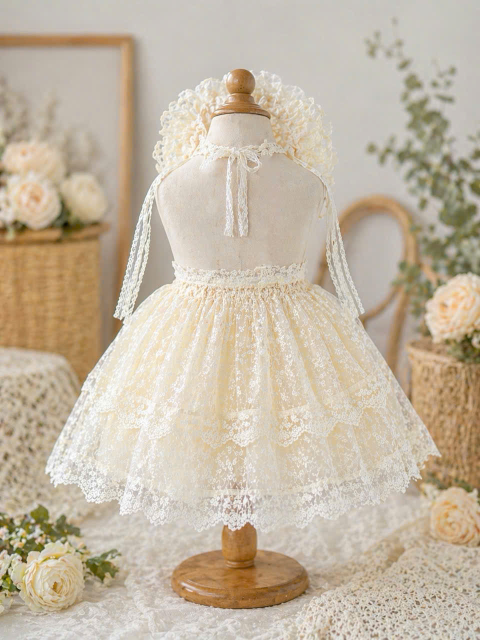 Ivory Dream Lace Romper 6M–3Y | Vintage Lace Baby Romper with Bonnet | Party & Photoshoot Outfit