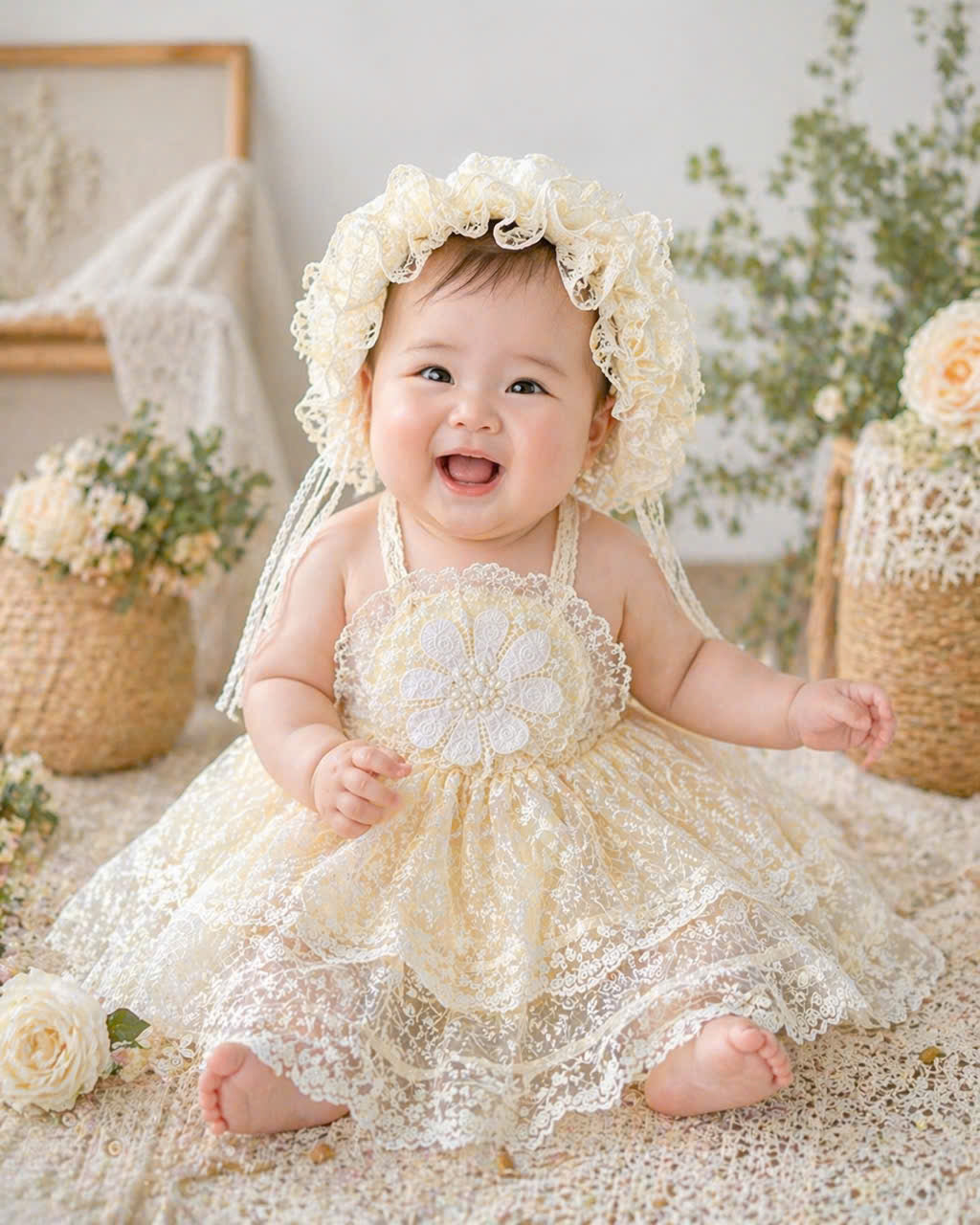 Ivory Dream Lace Romper 6M–3Y | Vintage Lace Baby Romper with Bonnet | Party & Photoshoot Outfit