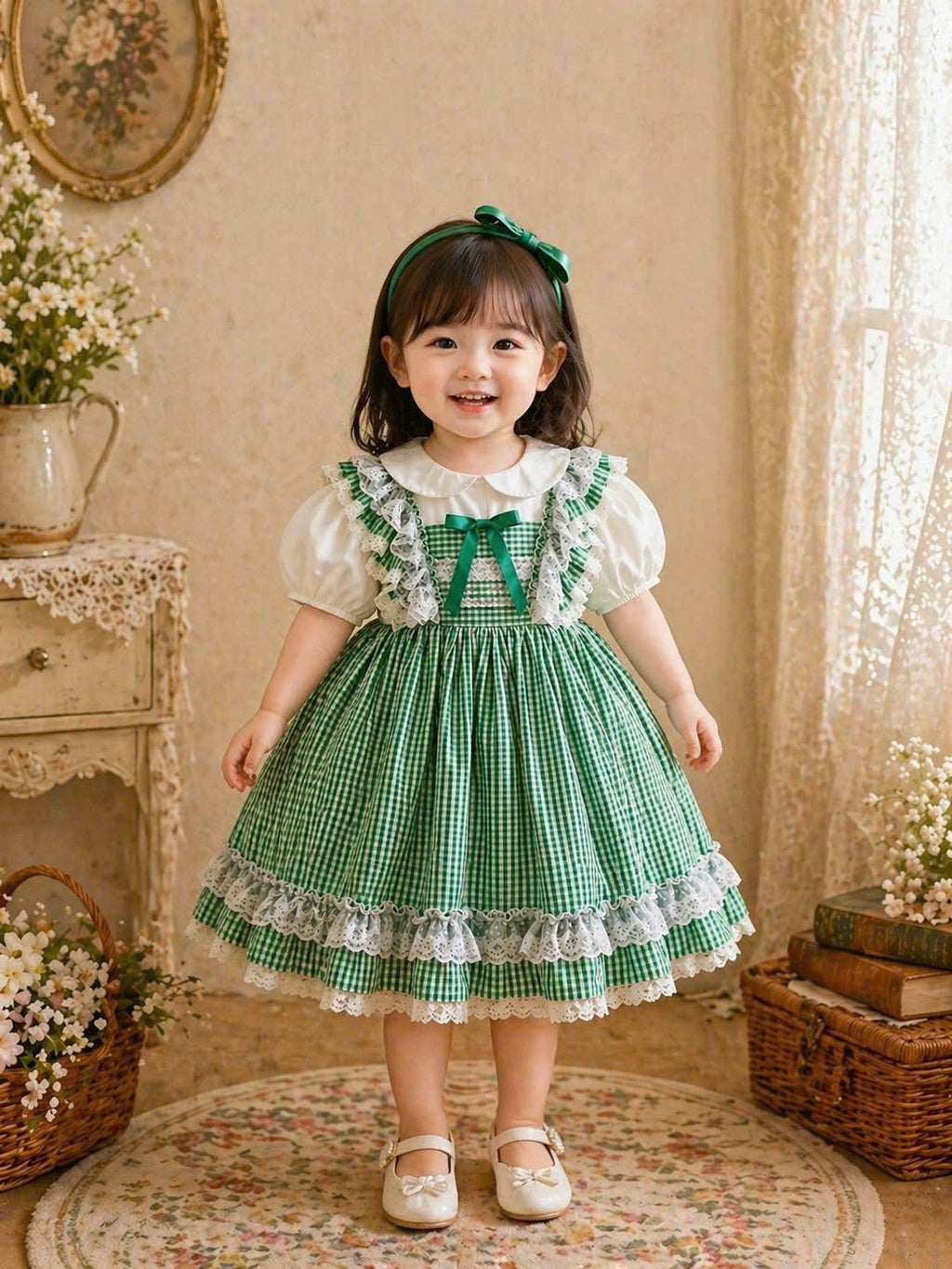Vintage Green Gingham Lace Dress 1–6Y | Tiered Cotton Cottage Dress | Easter & Garden Party Outfit