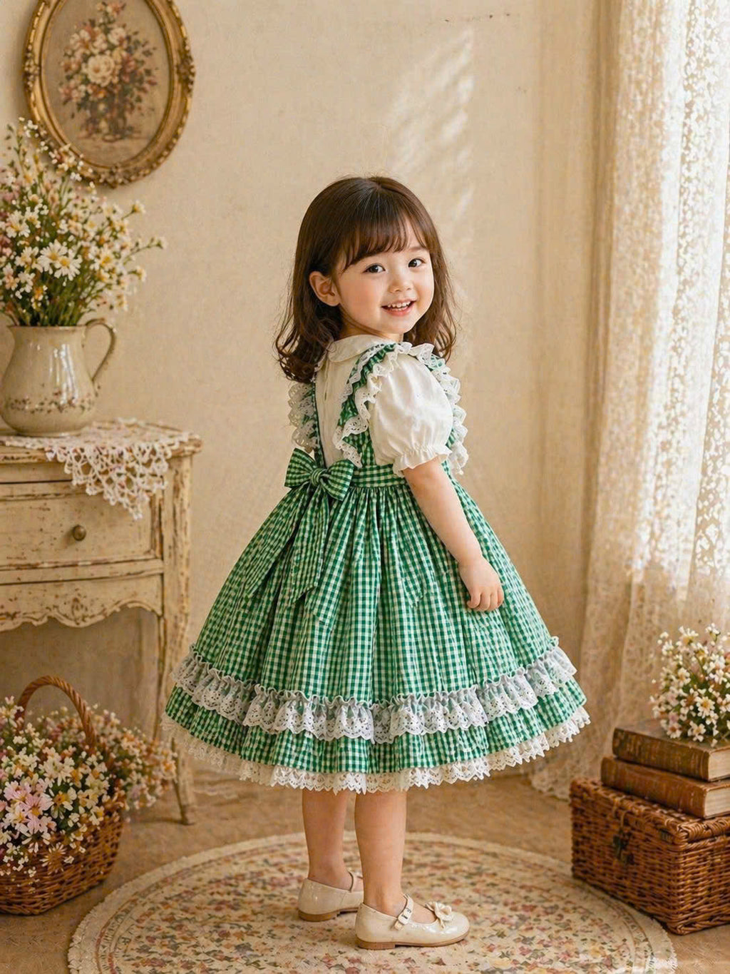 Vintage Green Gingham Lace Dress 1–6Y | Tiered Cotton Cottage Dress | Easter & Garden Party Outfit