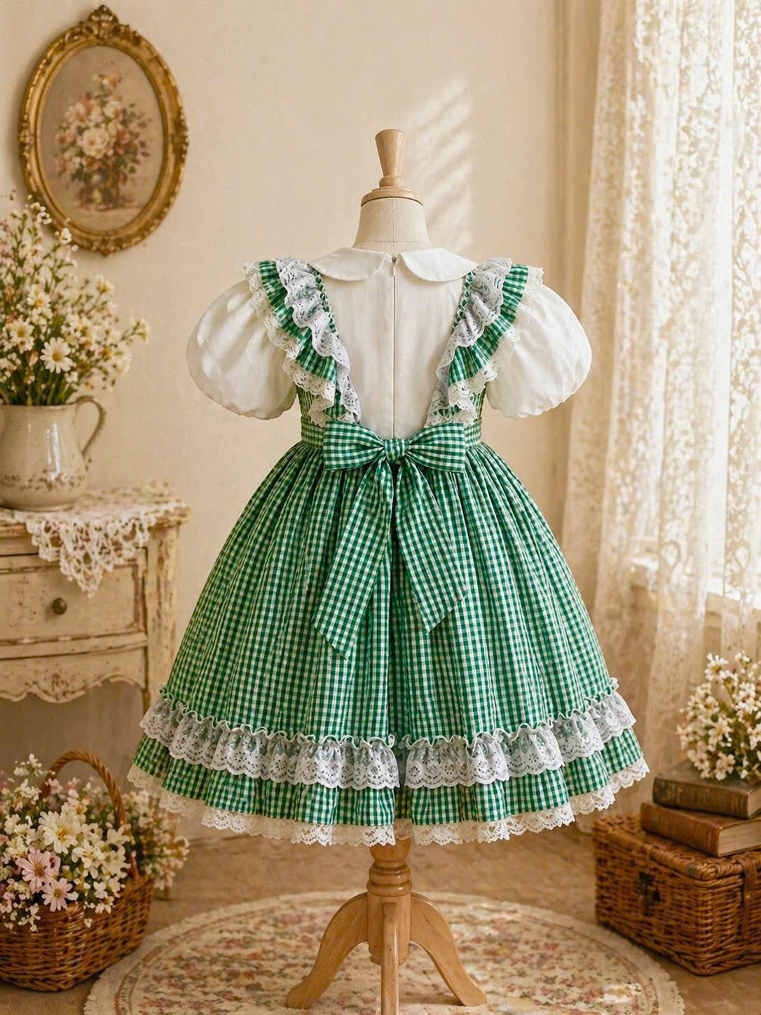 Vintage Green Gingham Lace Dress 1–6Y | Tiered Cotton Cottage Dress | Easter & Garden Party Outfit