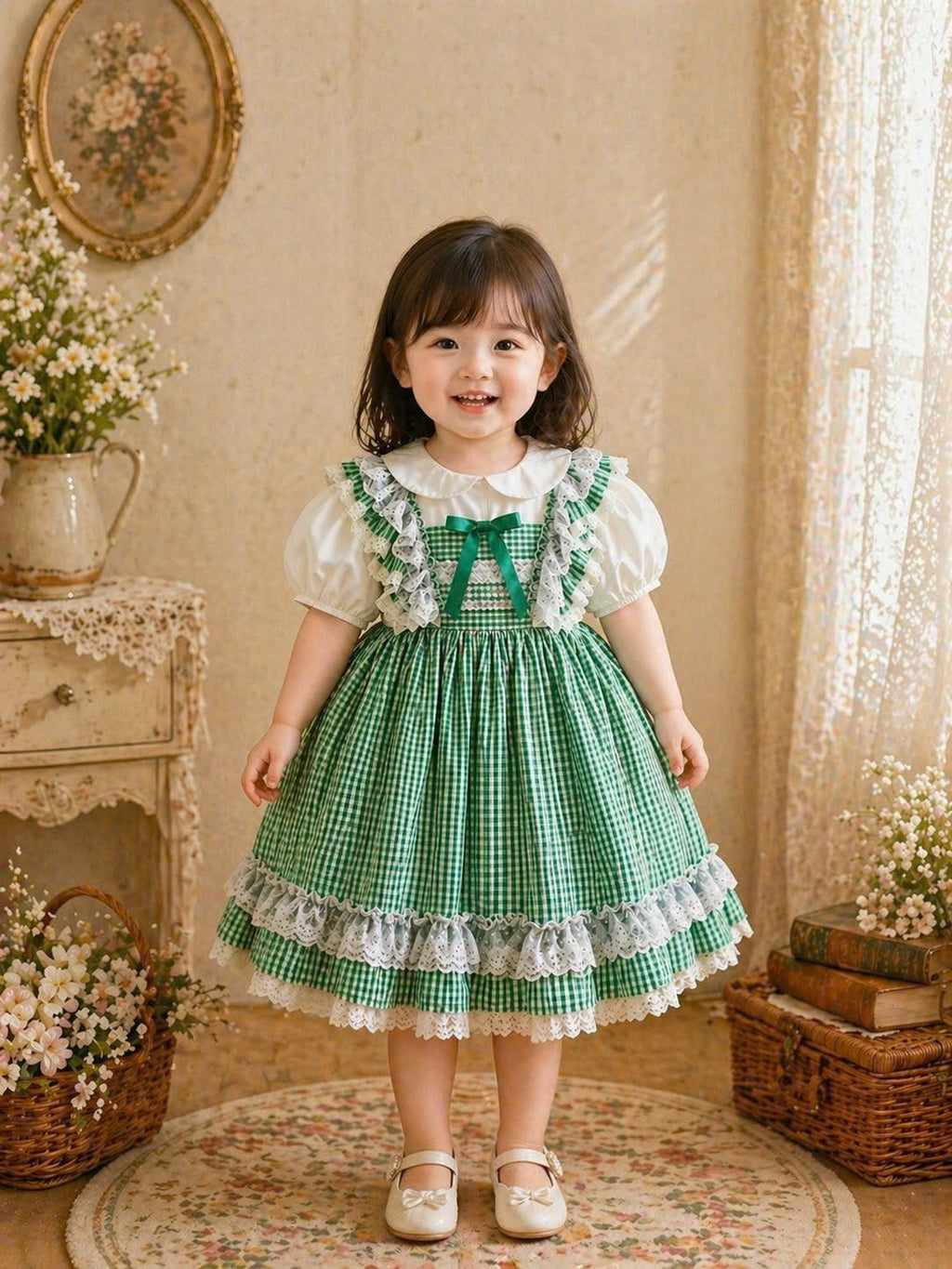 Vintage Green Gingham Lace Dress 1–6Y | Tiered Cotton Cottage Dress | Easter & Garden Party Outfit