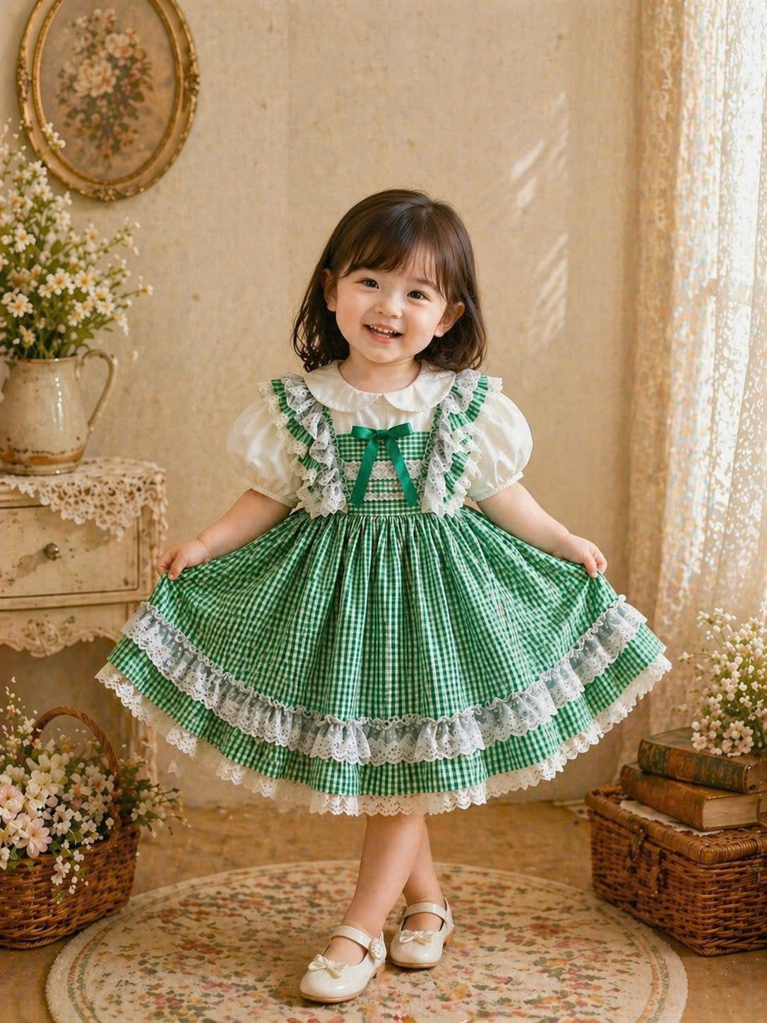 Vintage Green Gingham Lace Dress 1–6Y | Tiered Cotton Cottage Dress | Easter & Garden Party Outfit