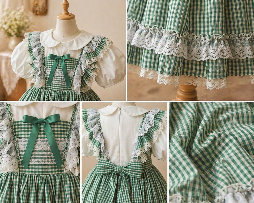 Vintage Green Gingham Lace Dress 1–6Y | Tiered Cotton Cottage Dress | Easter & Garden Party Outfit