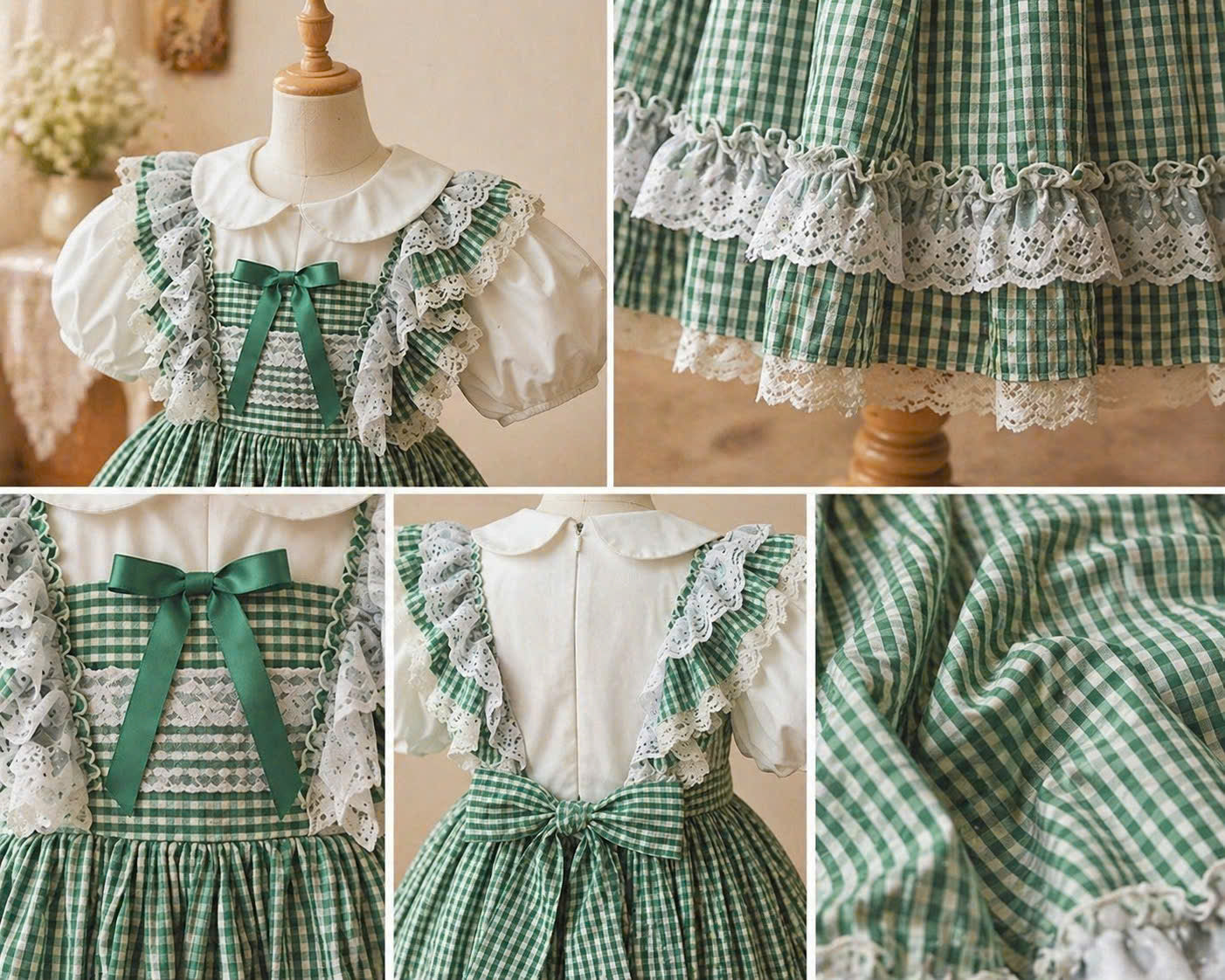 Vintage Green Gingham Lace Dress 1–6Y | Tiered Cotton Cottage Dress | Easter & Garden Party Outfit