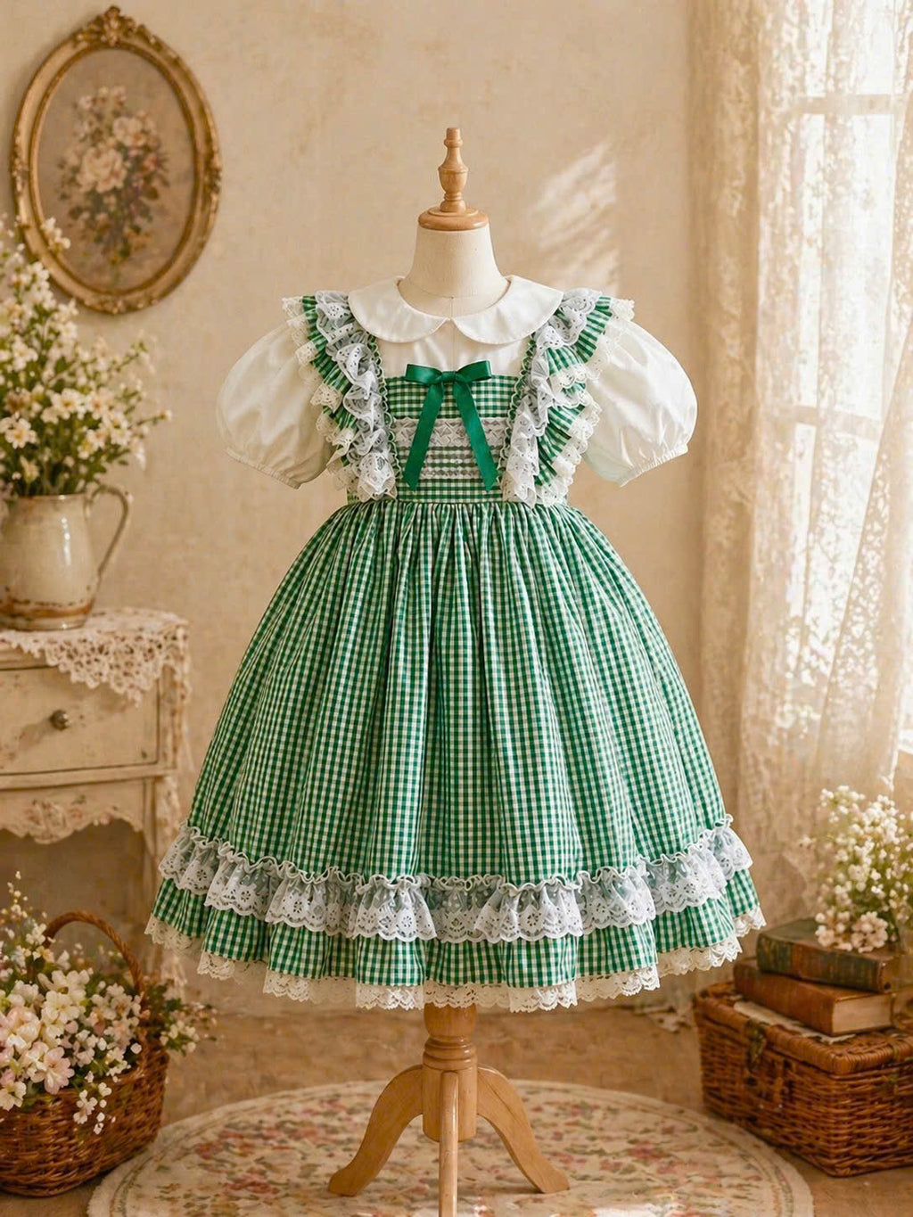 Vintage Green Gingham Lace Dress 1–6Y | Tiered Cotton Cottage Dress | Easter & Garden Party Outfit