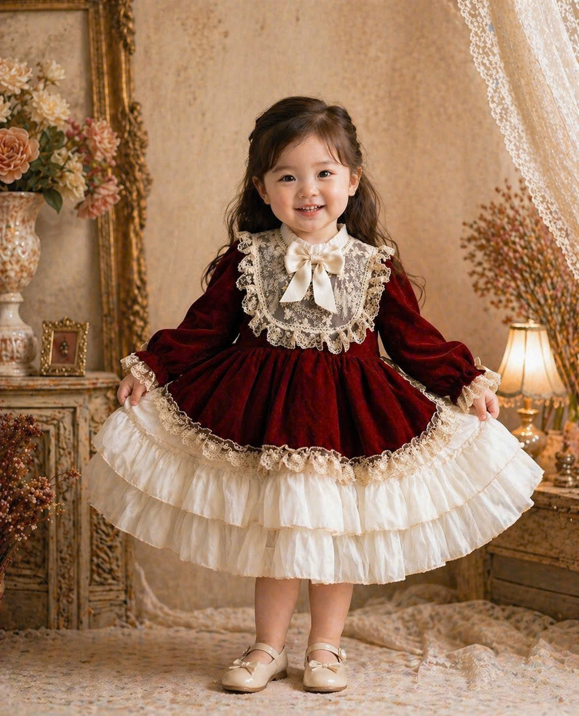 Scarlet Velvet Lace Princess Dress 1–6Y | Layered Satin Girls Dress | Birthday & Special Occasion Outfit