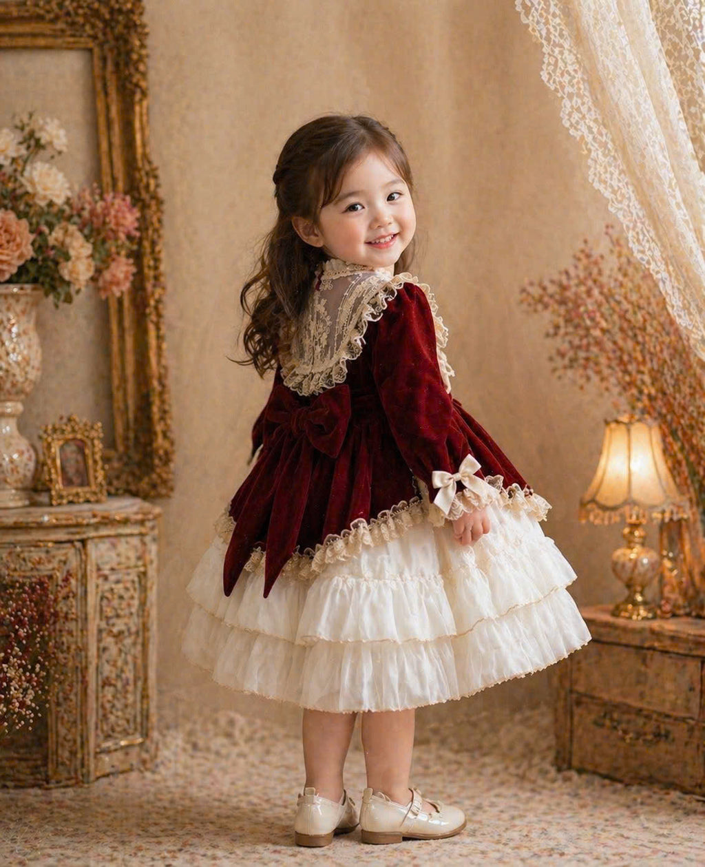 Scarlet Velvet Lace Princess Dress 1–6Y | Layered Satin Girls Dress | Birthday & Special Occasion Outfit