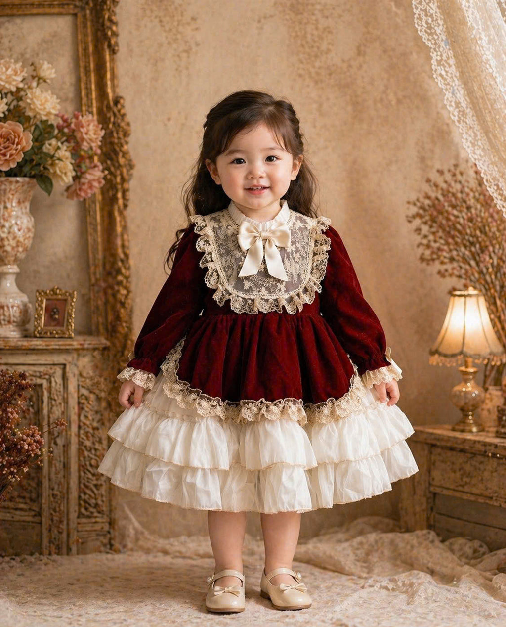 Scarlet Velvet Lace Princess Dress 1–6Y | Layered Satin Girls Dress | Birthday & Special Occasion Outfit