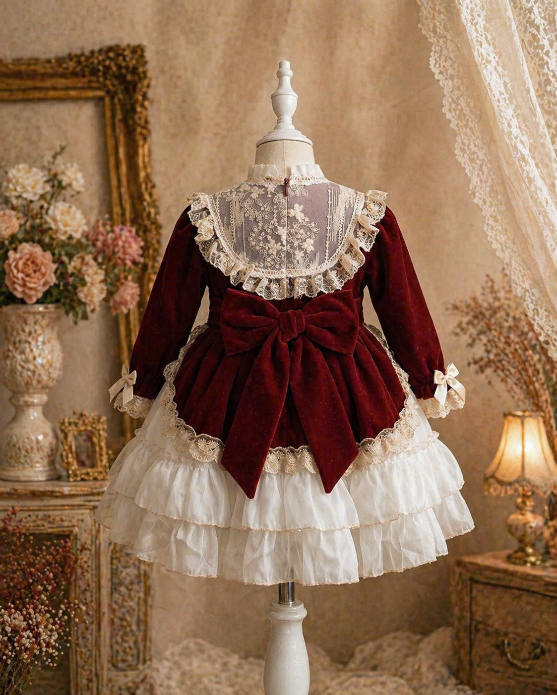 Scarlet Velvet Lace Princess Dress 1–6Y | Layered Satin Girls Dress | Birthday & Special Occasion Outfit
