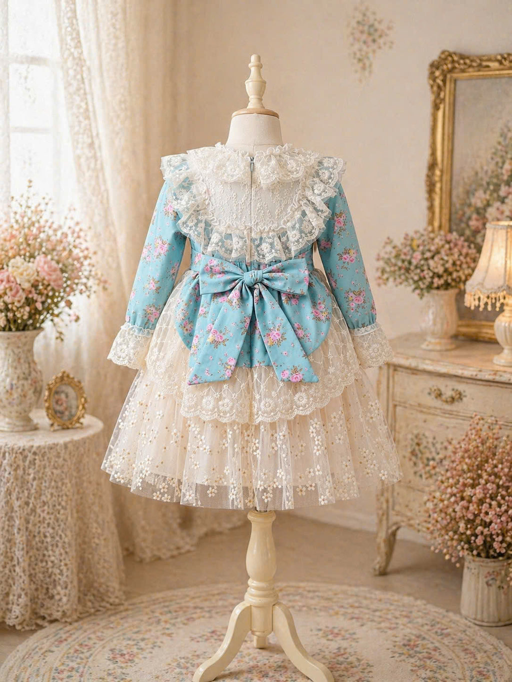 Teal Floral Lace Princess Dress 1–6Y | Long Sleeve Cotton Dress | Autumn & Winter Occasion Outfit