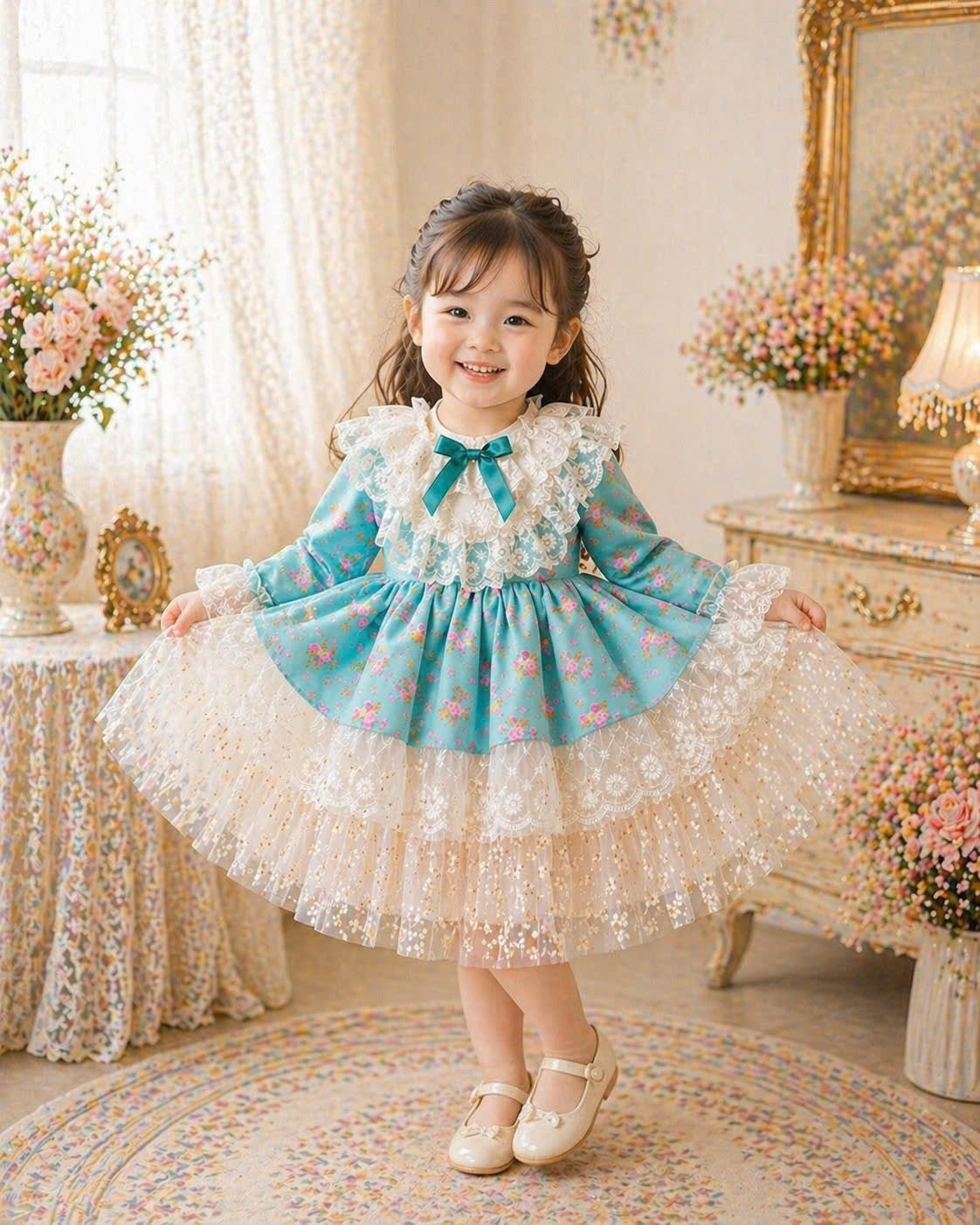 Teal Floral Lace Princess Dress 1–6Y | Long Sleeve Cotton Dress | Autumn & Winter Occasion Outfit
