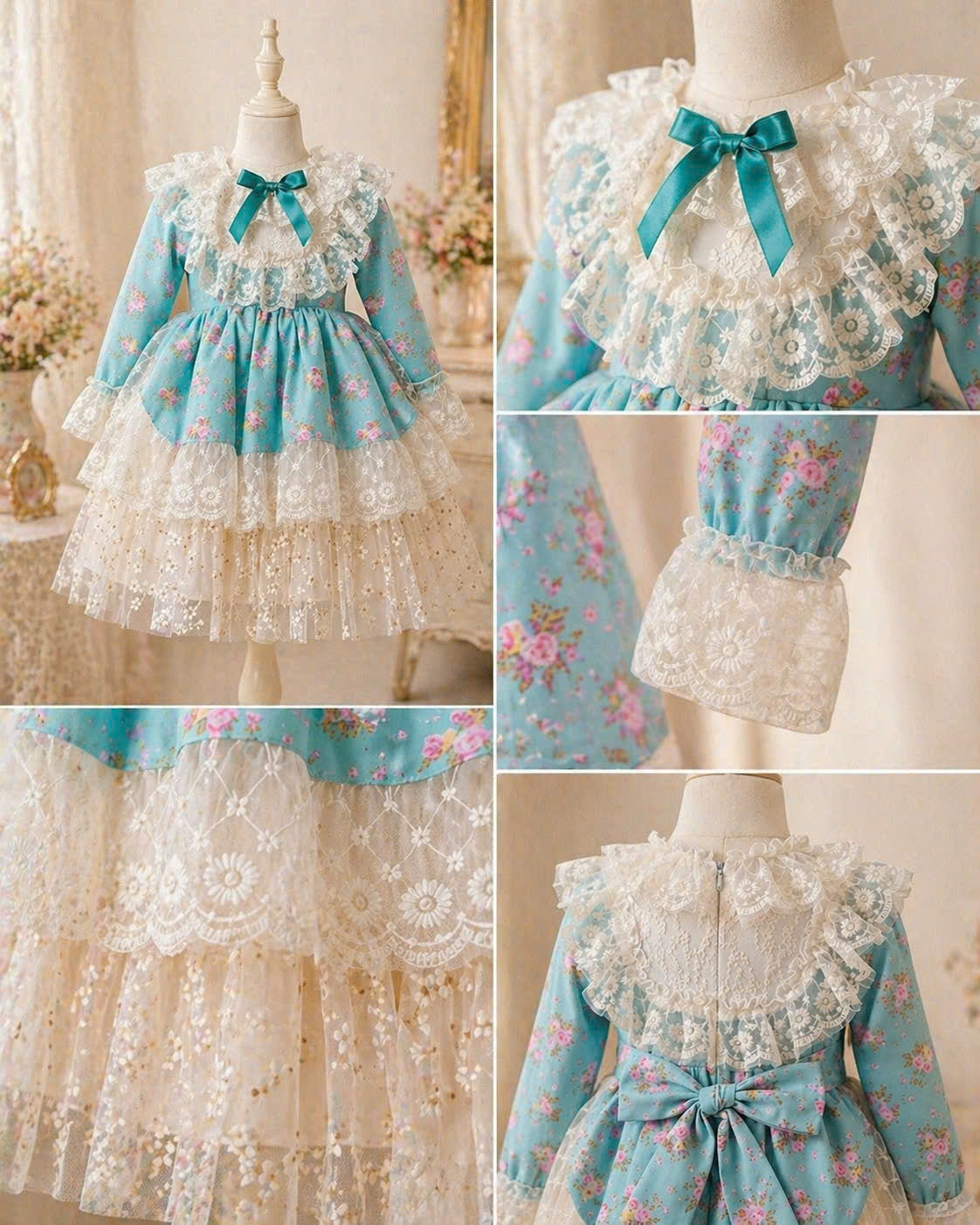 Teal Floral Lace Princess Dress 1–6Y | Long Sleeve Cotton Dress | Autumn & Winter Occasion Outfit