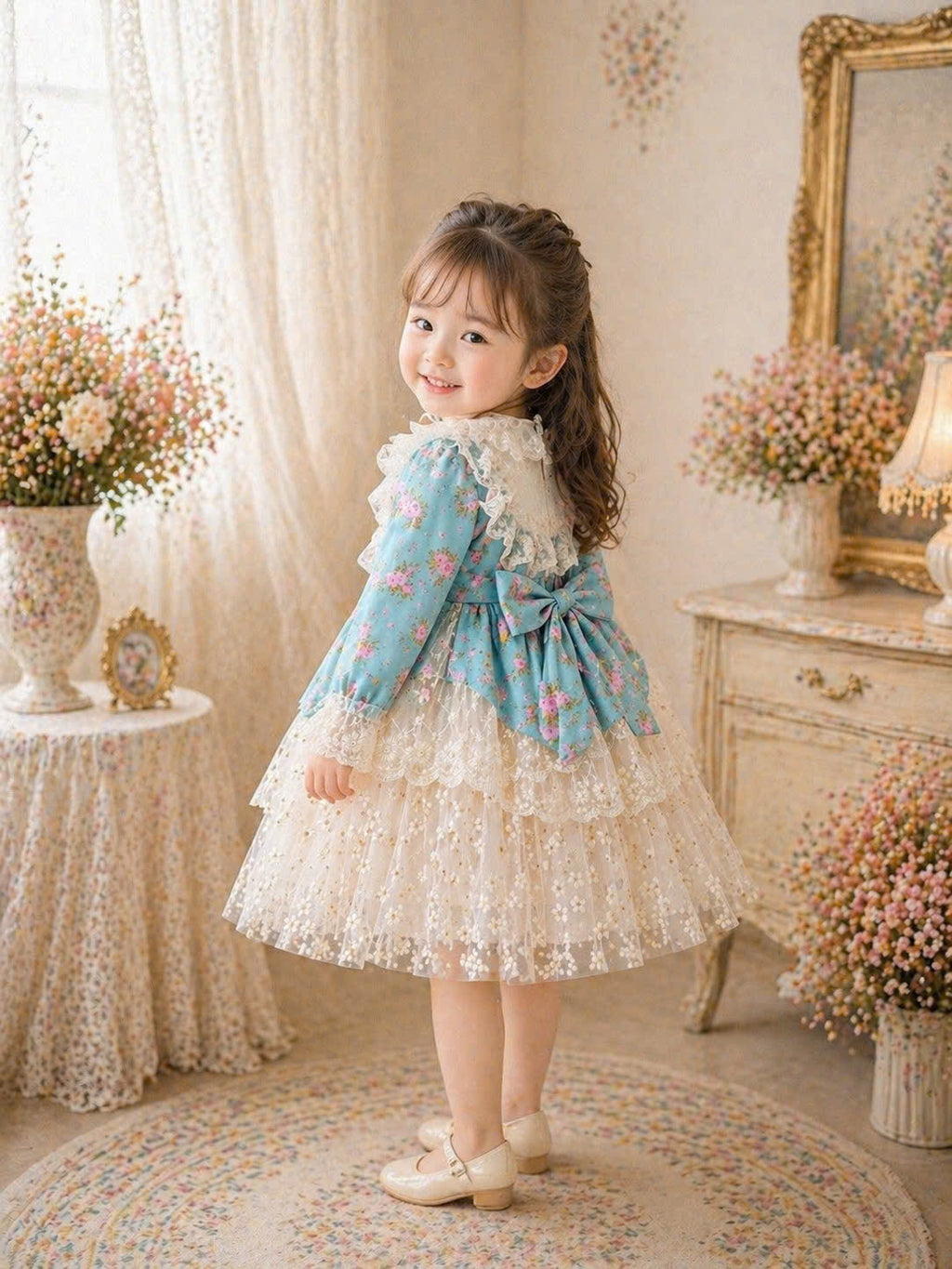 Teal Floral Lace Princess Dress 1–6Y | Long Sleeve Cotton Dress | Autumn & Winter Occasion Outfit